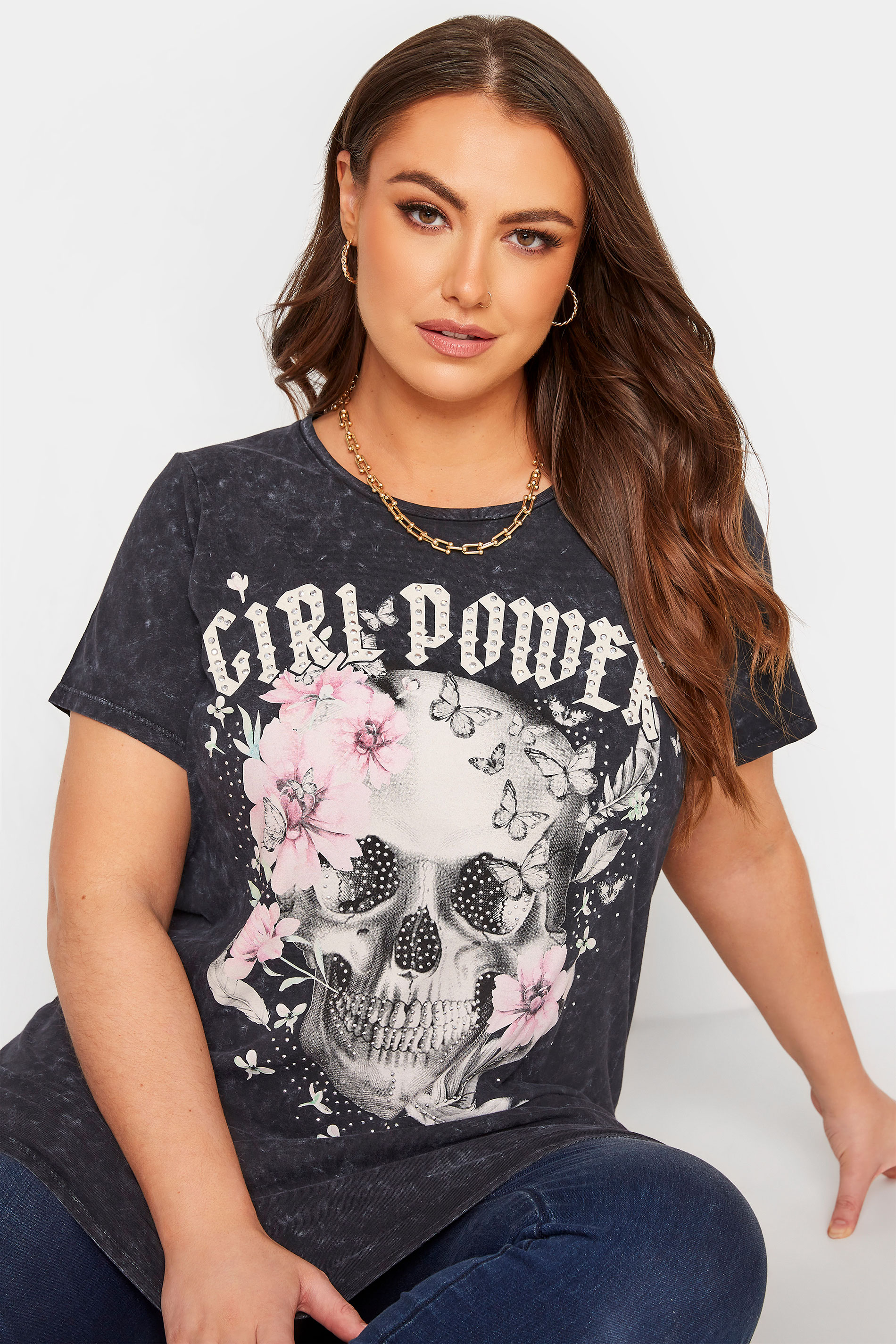 Grande taille  Tops Grande taille  Tops à Slogans | T-Shirt Noir Délavé Slogan 'Girl Power' - RT04088