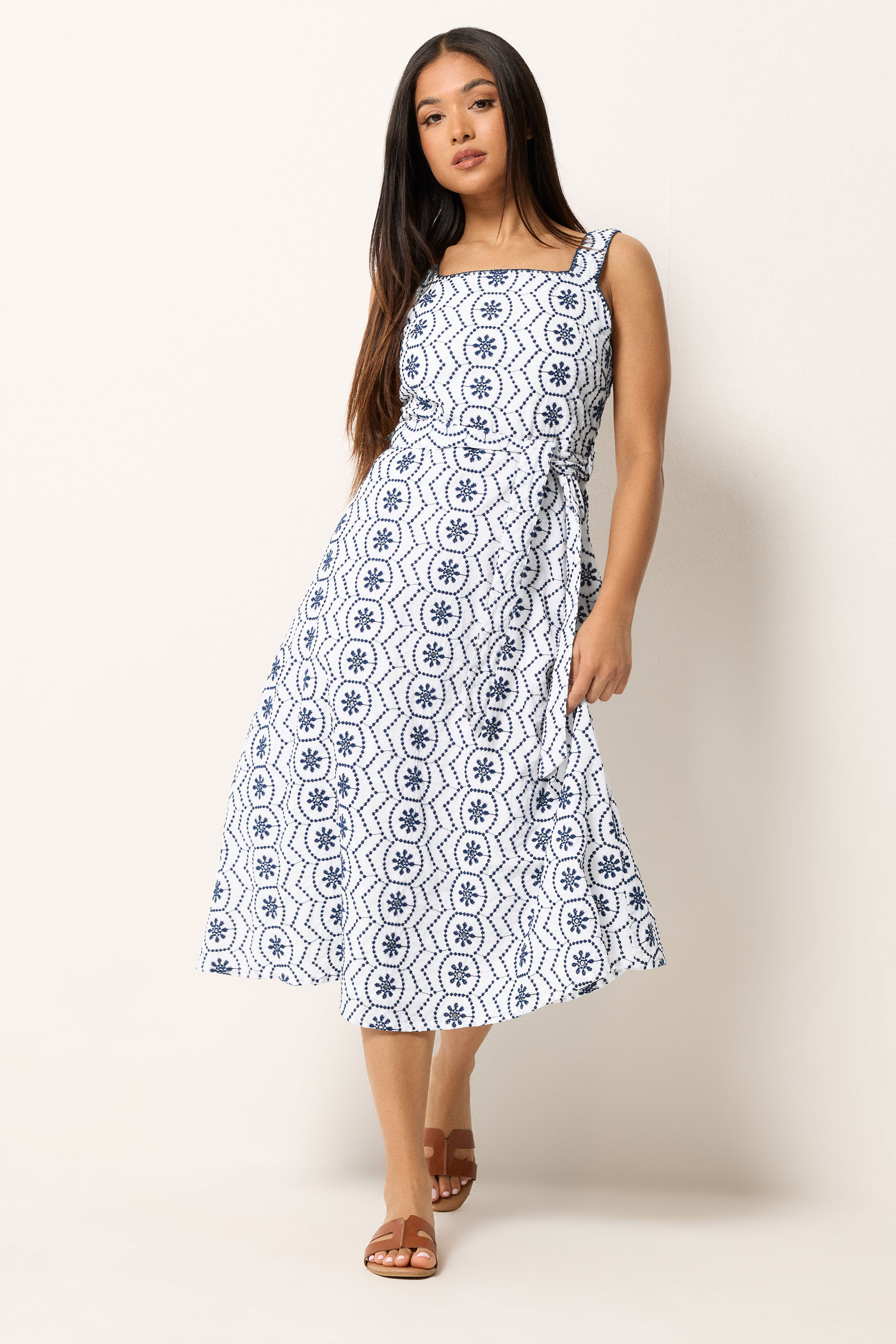 M&Co Petite White & Navy Blue Embroidered Cotton Dress | M&Co 3