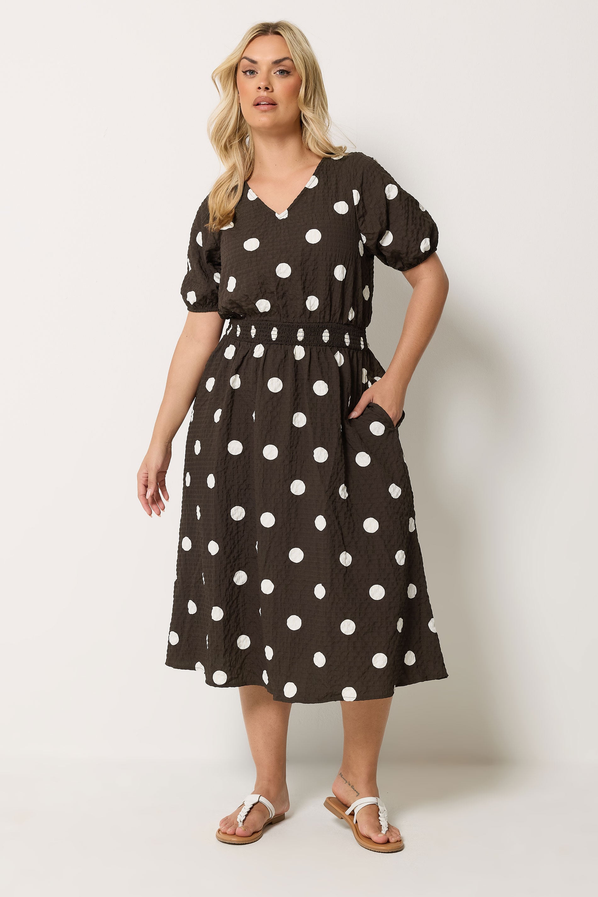YOURS Plus Size Brown Polka Dot Midaxi Smock Dress | Yours Clothing 1