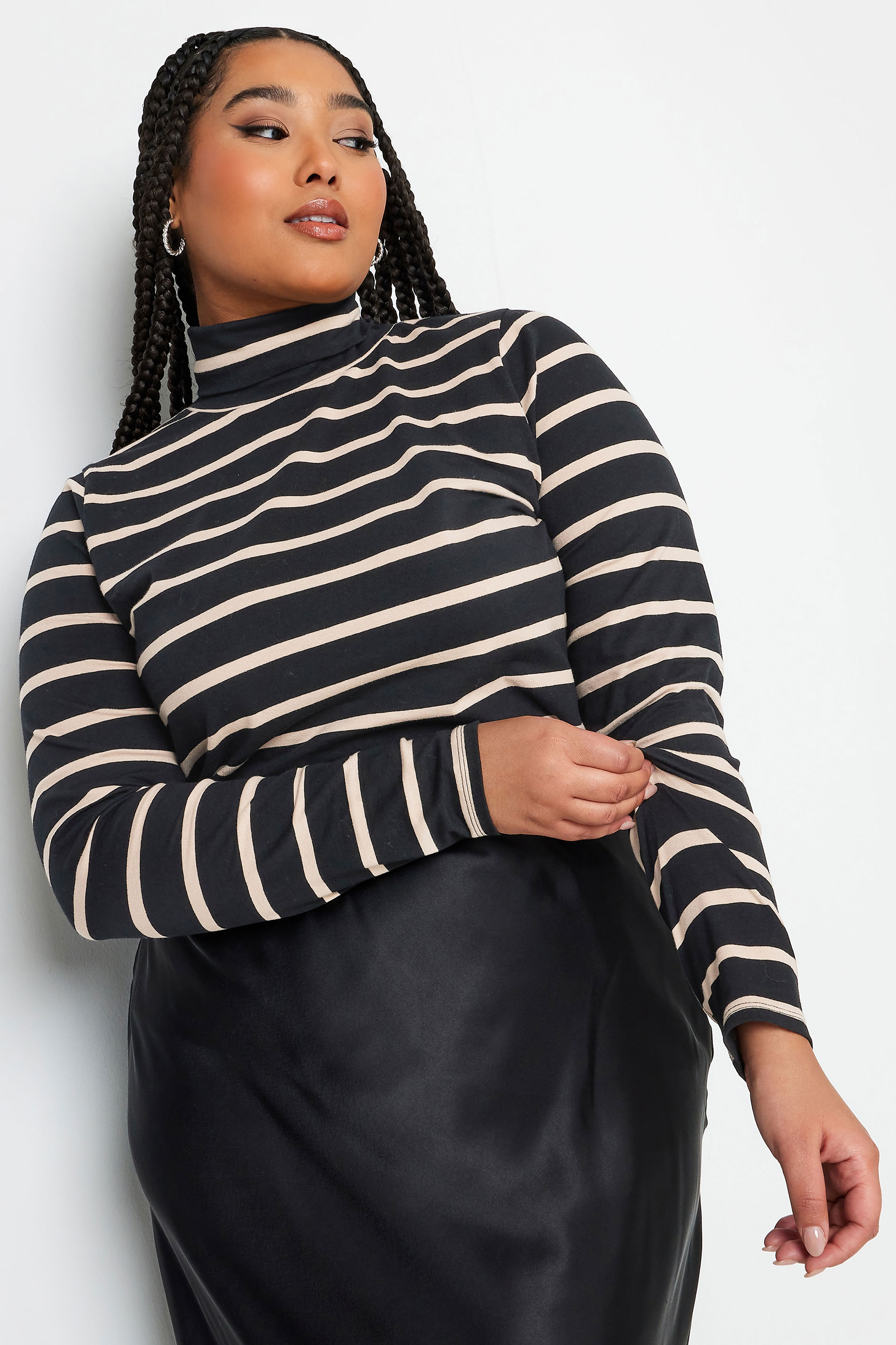 YOURS 2 PACK Curve Black & Natural Stripe Turtle Neck Tops | Yours Clothing 2