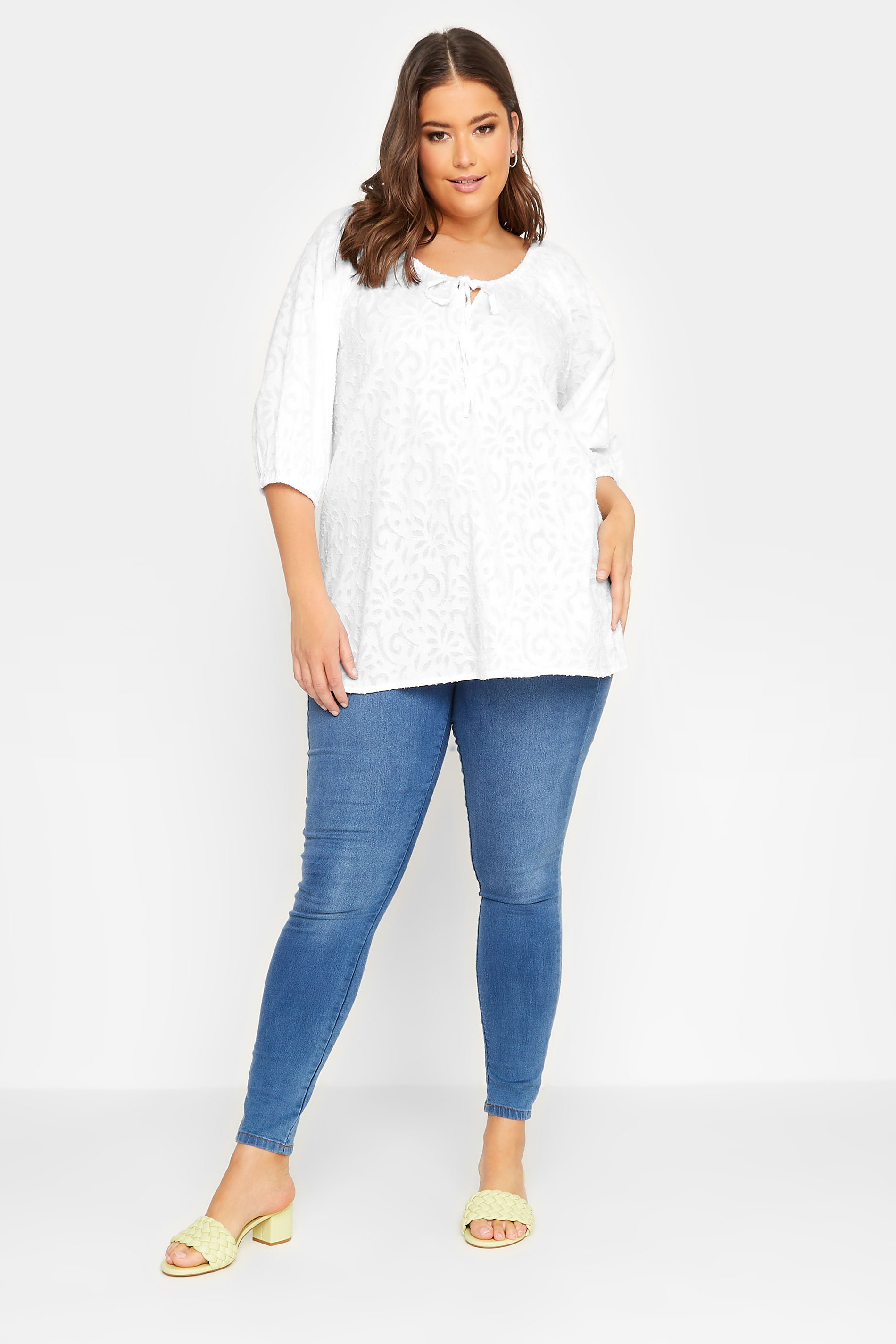 YOURS Plus Size White Textured Tie Neck Top | Yours Clothing 2