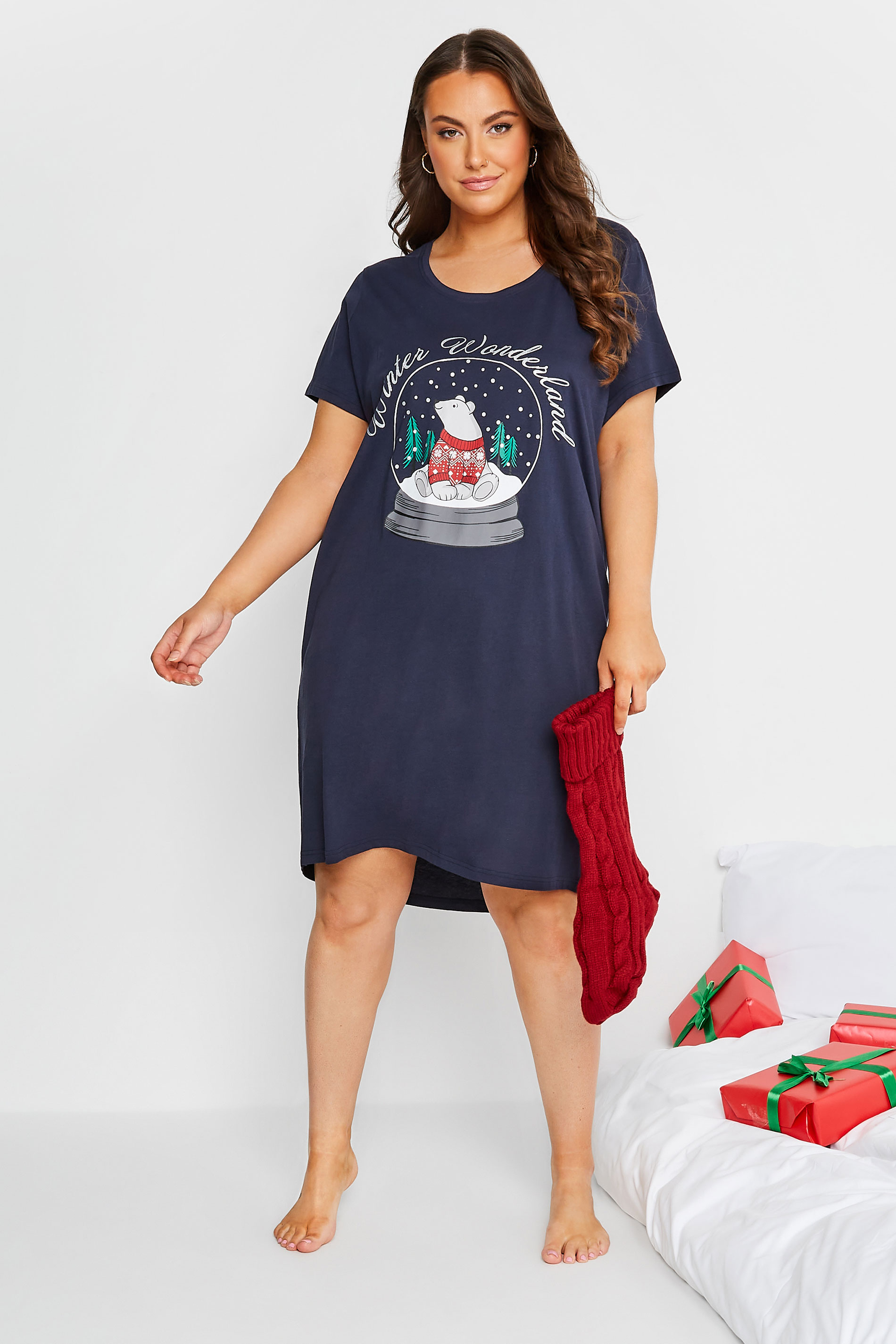 Plus Size Navy Blue 'Winter Wonderland' Slogan Christmas Nightdress | Yours Clothing 1