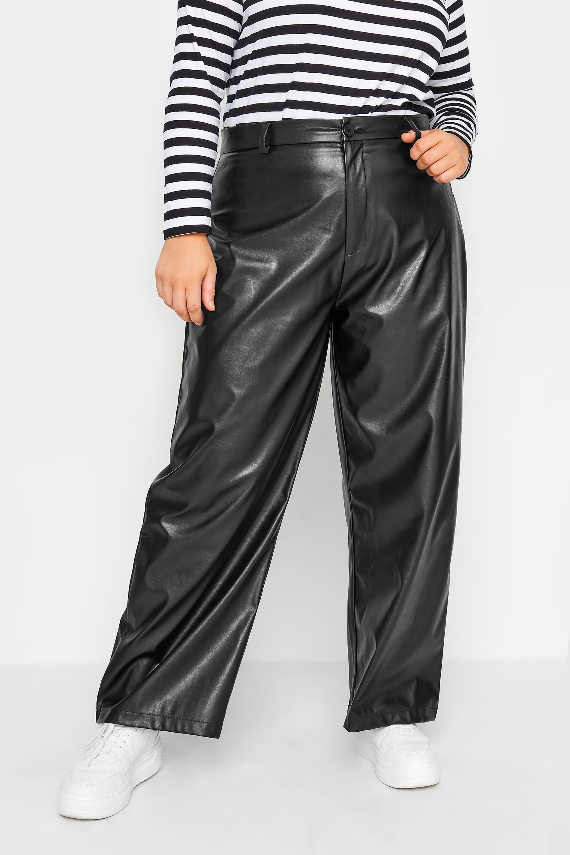 YOURS Plus Size Black Faux Leather Wide Leg Dad Trousers | Yours Clothing 1
