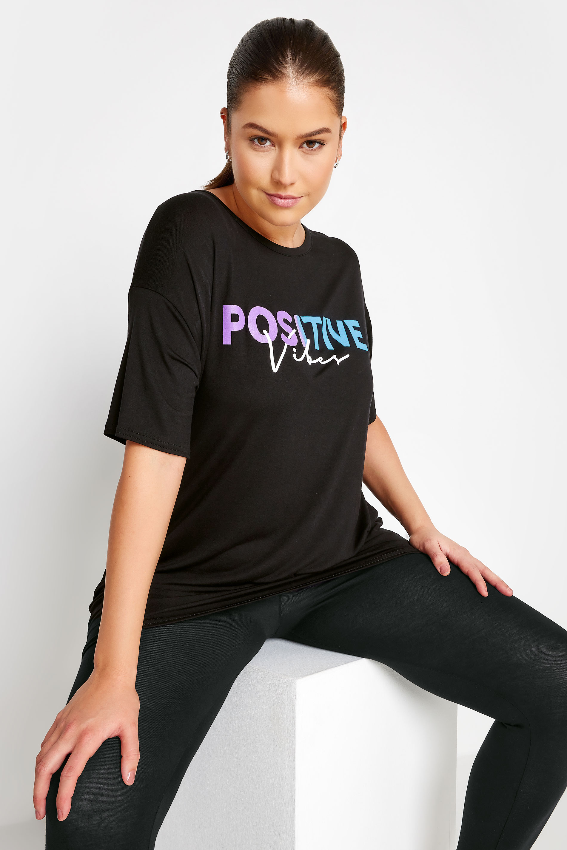 YOURS ACTIVE Plus Size Black 'Positive Vibes' Slogan Top | Yours Clothing
