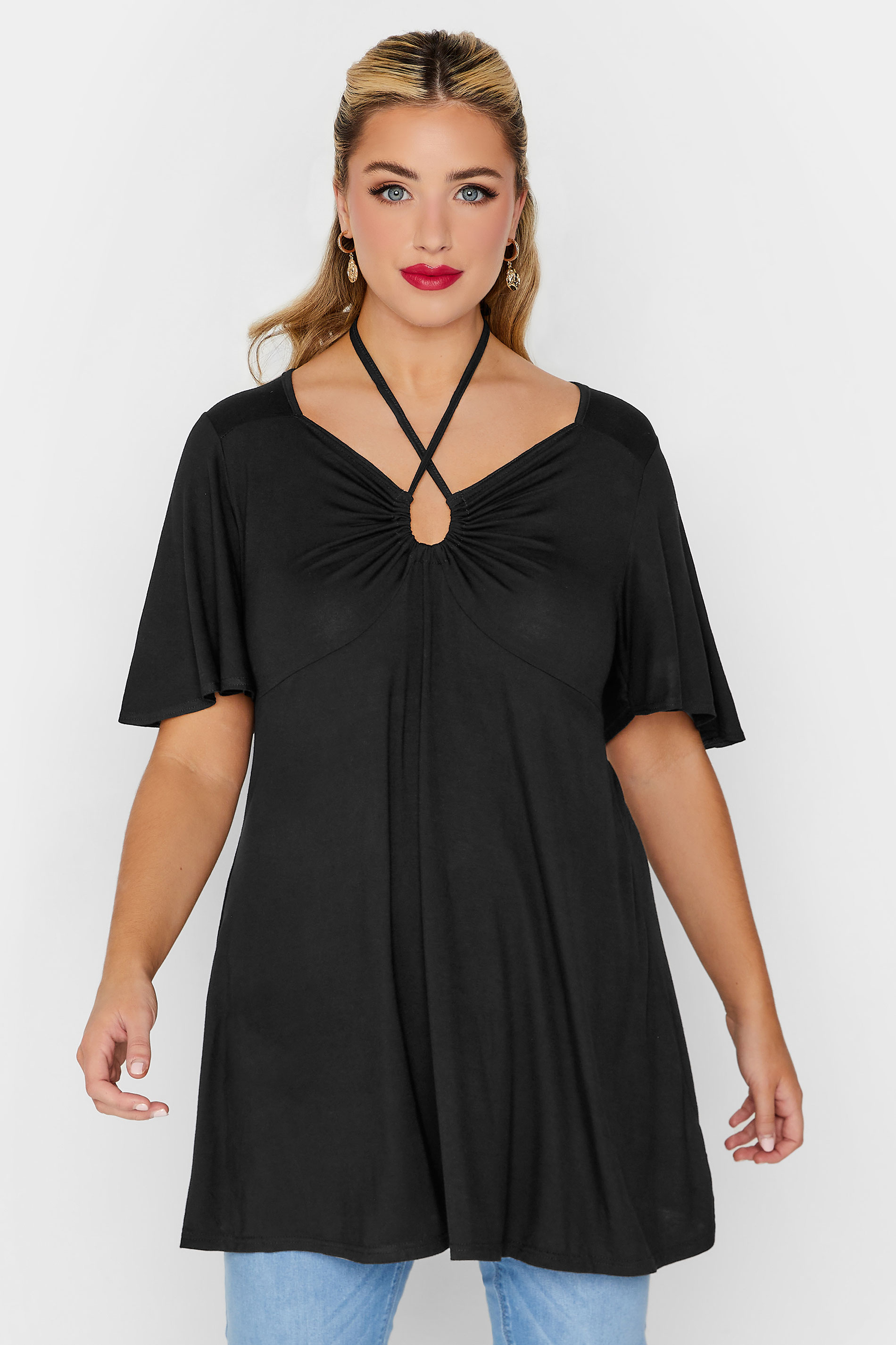 LIMITED COLLECTION Curve Plus Size Black Tie Neck Top | Yours Clothing  1