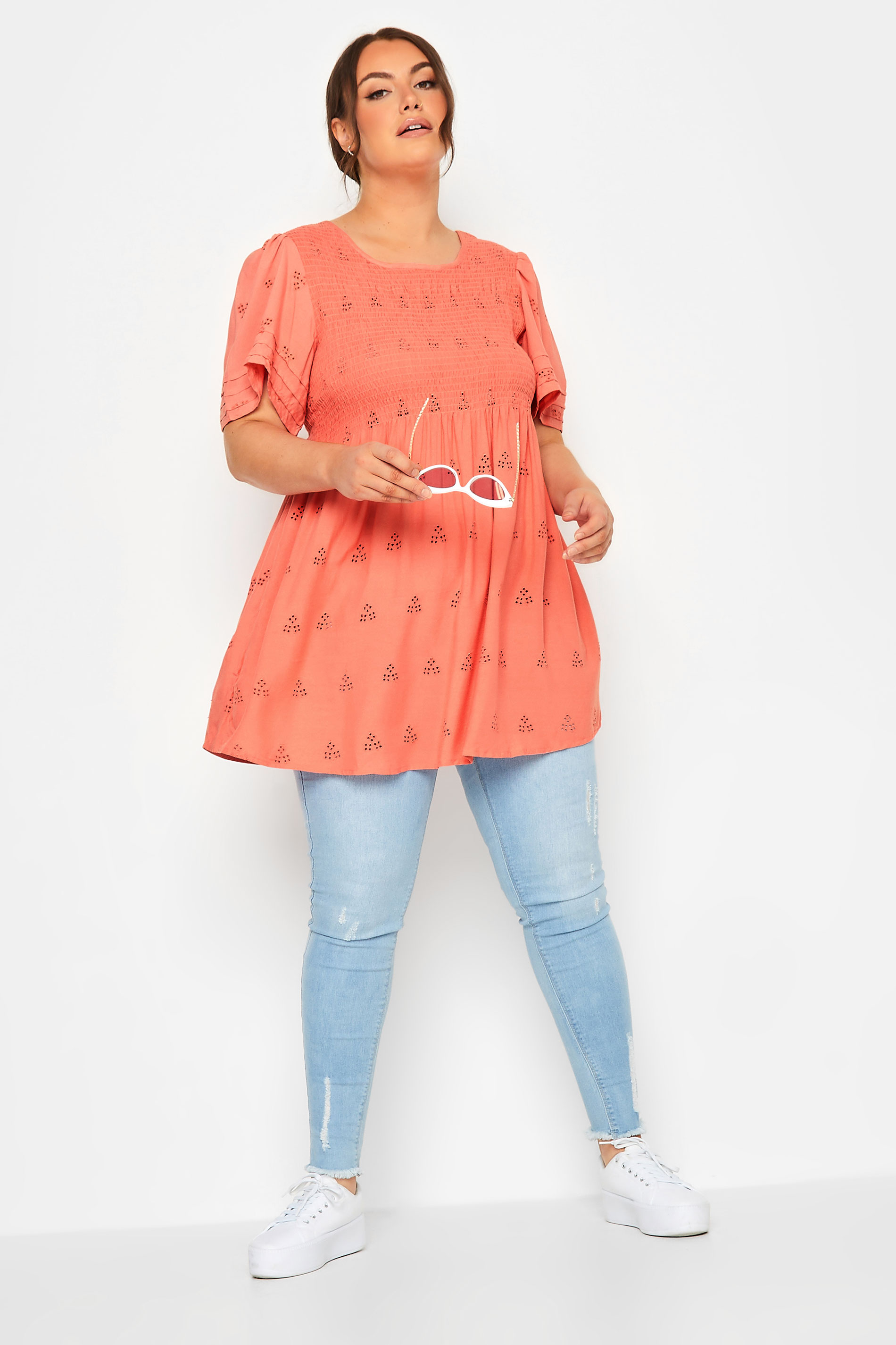 LIMITED COLLECTION Plus Size Coral Pink Embroidered Shirred Top | Yours Clothing 2