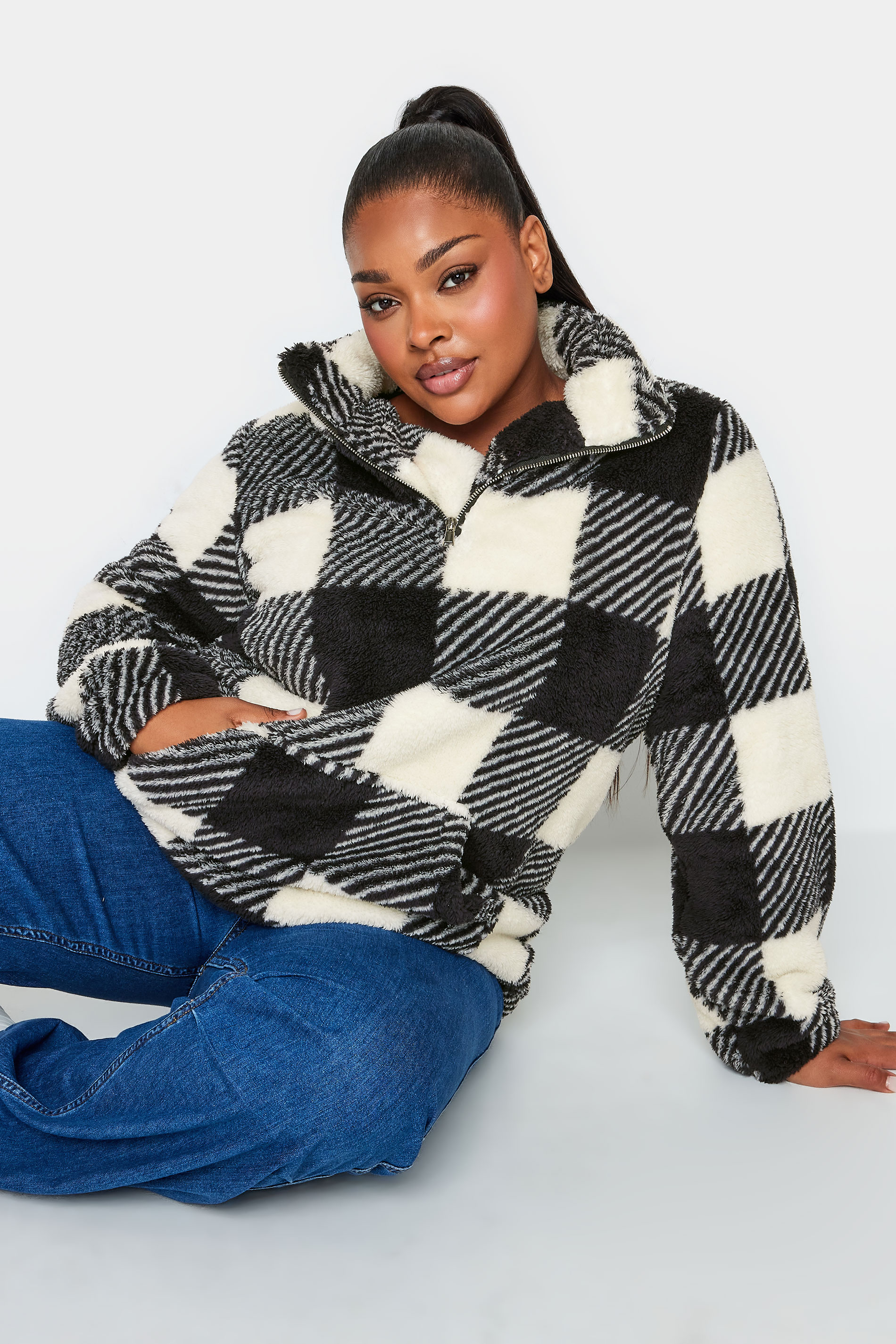 YOURS Plus Size Check Print Half Zip Fleece Sweatshirt | Yours Clothing 2