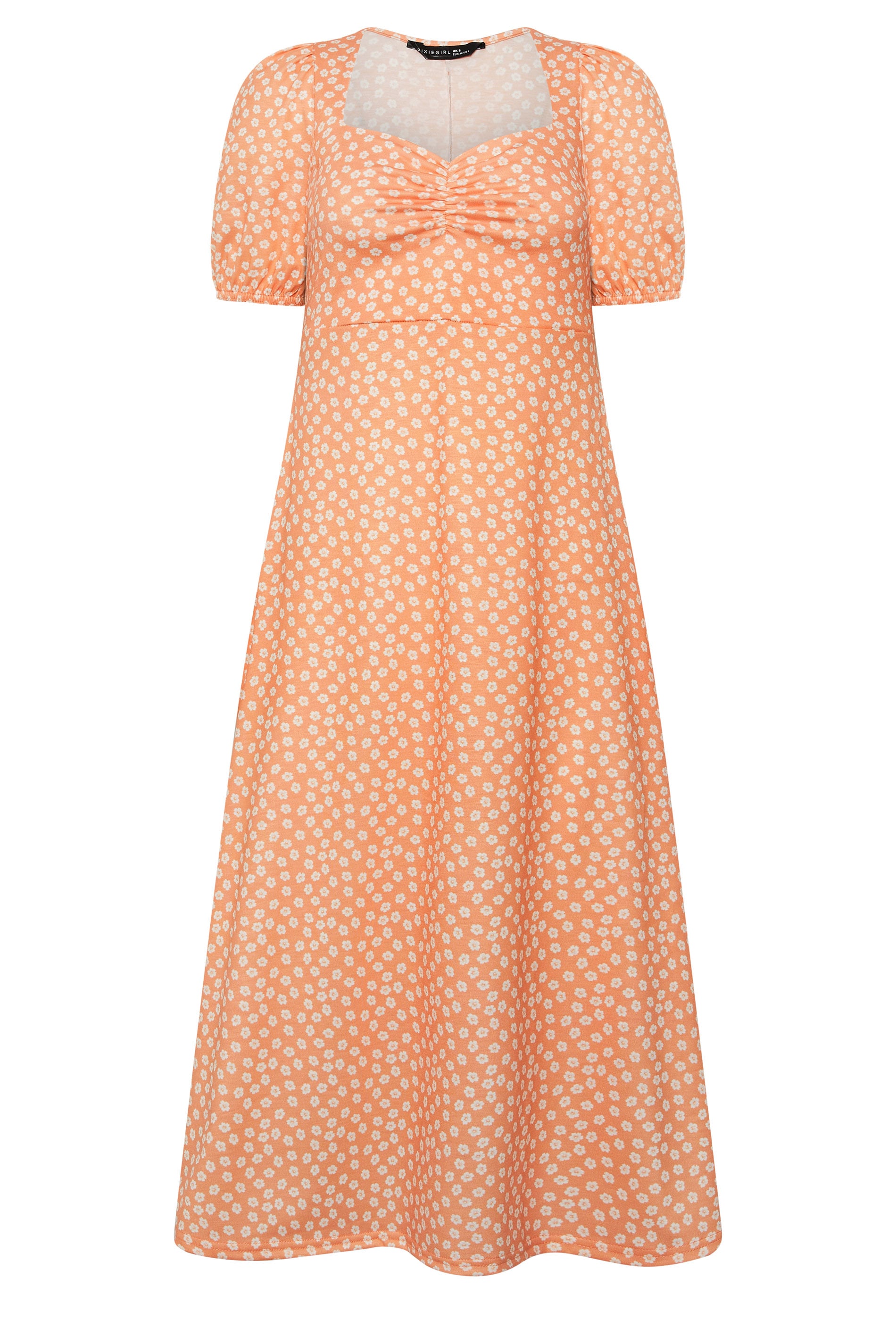 PixieGirl Petite Women's Orange Floral Ruched Midi Dress | PixieGirl 5