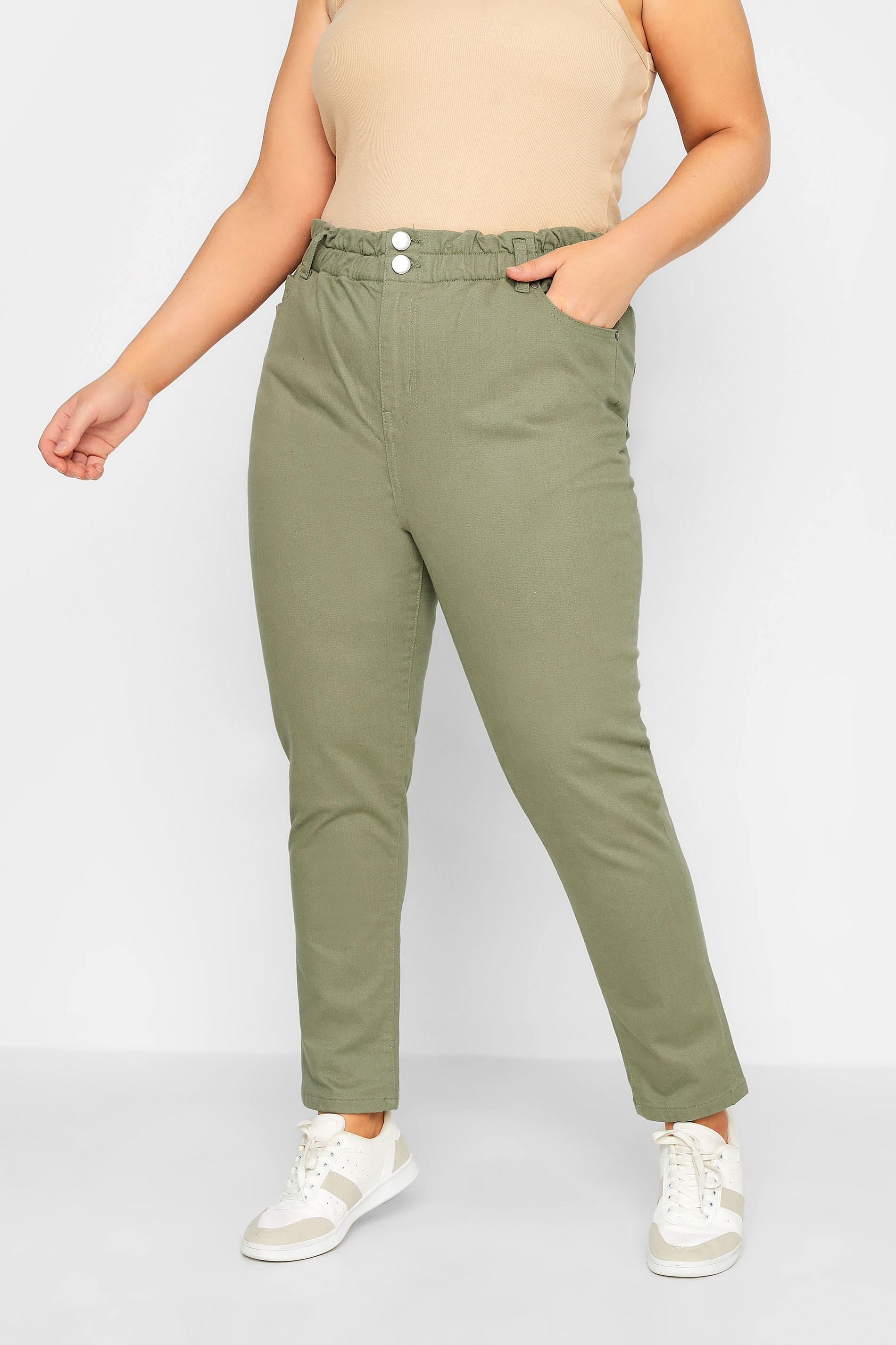 Plus Size Khaki Green Stretch Elasticated Waist MOM Jeans | Yours Clothing 1