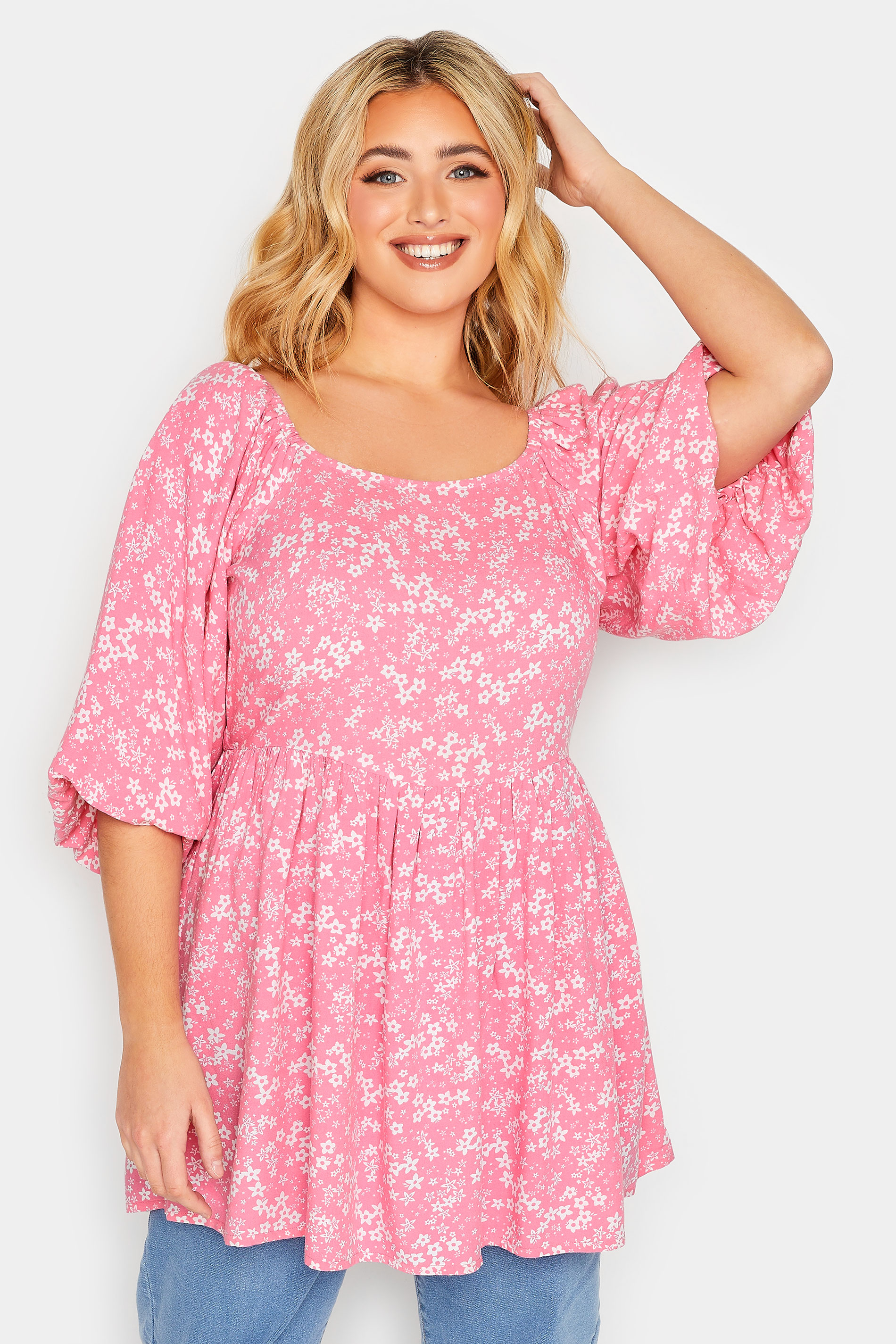 YOURS Plus Size Pink Ditsy Print Balloon Sleeve Top | Yours Clothing 1