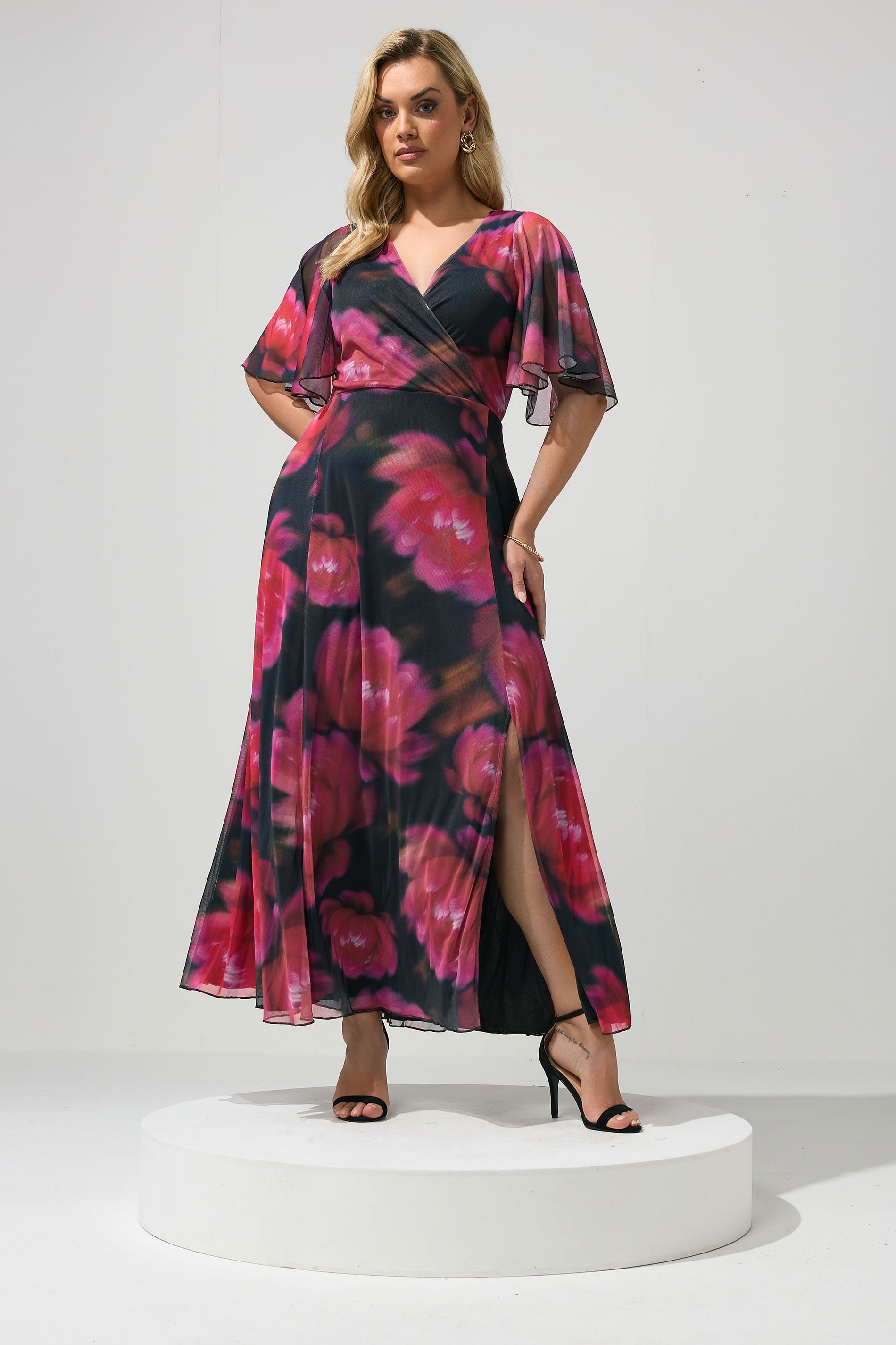 YOURS LONDON Plus Size Black & Pink Floral Abstract Mesh Dress | Yours Clothing 1