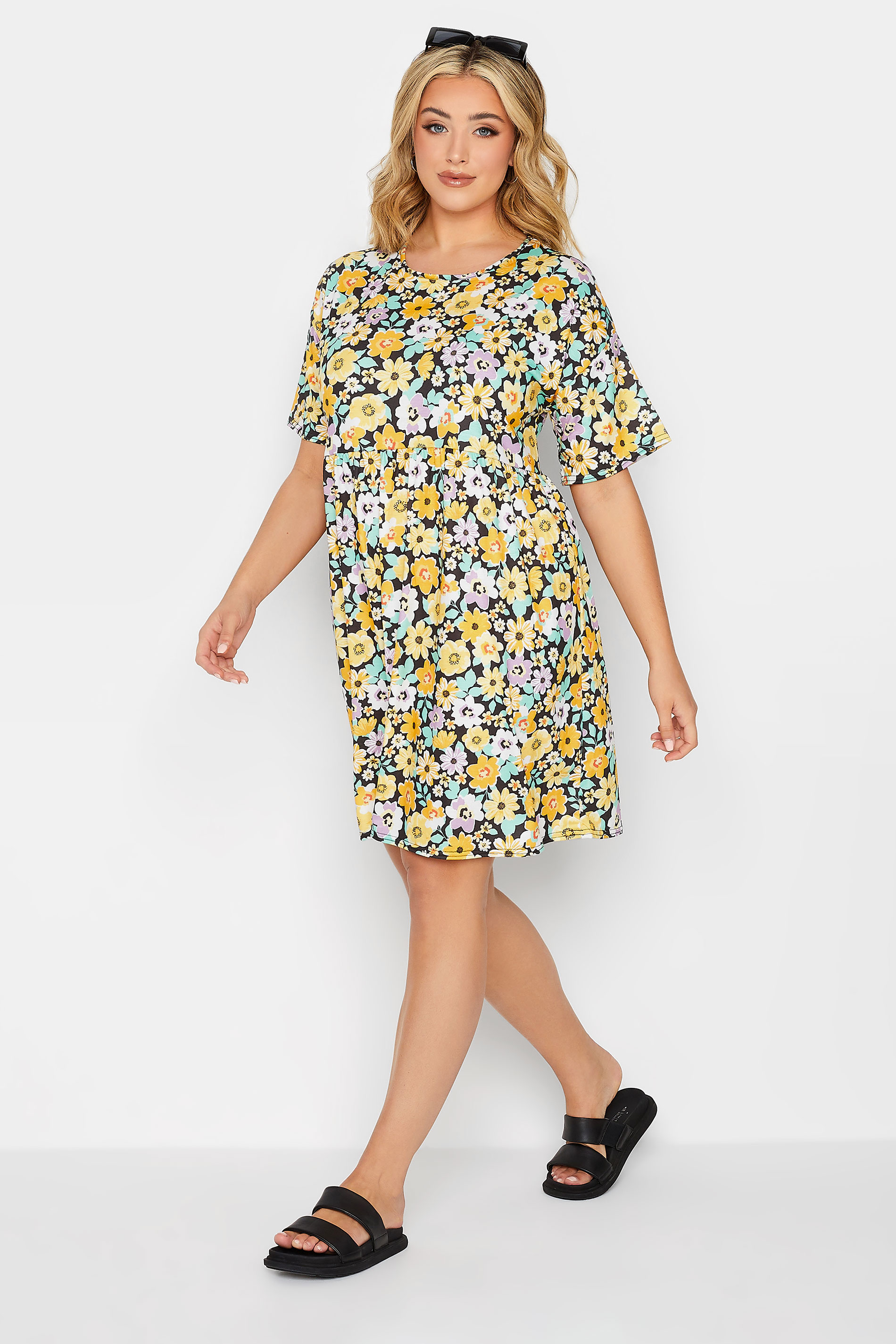 YOURS PETITE Plus Size Yellow Floral Print Smock Dress | Yours Clothing 1