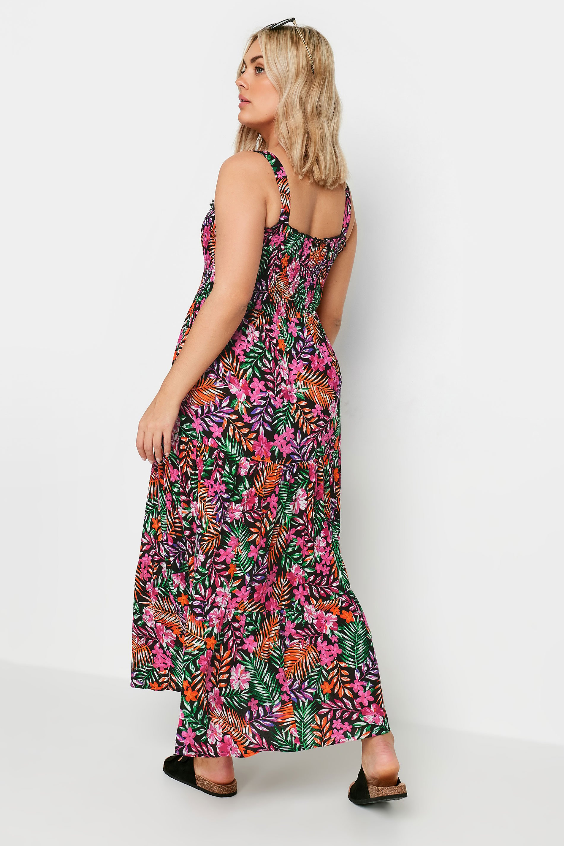 YOURS Plus Size Pink Tropical Print Tiered Maxi Dress | Yours Clothing