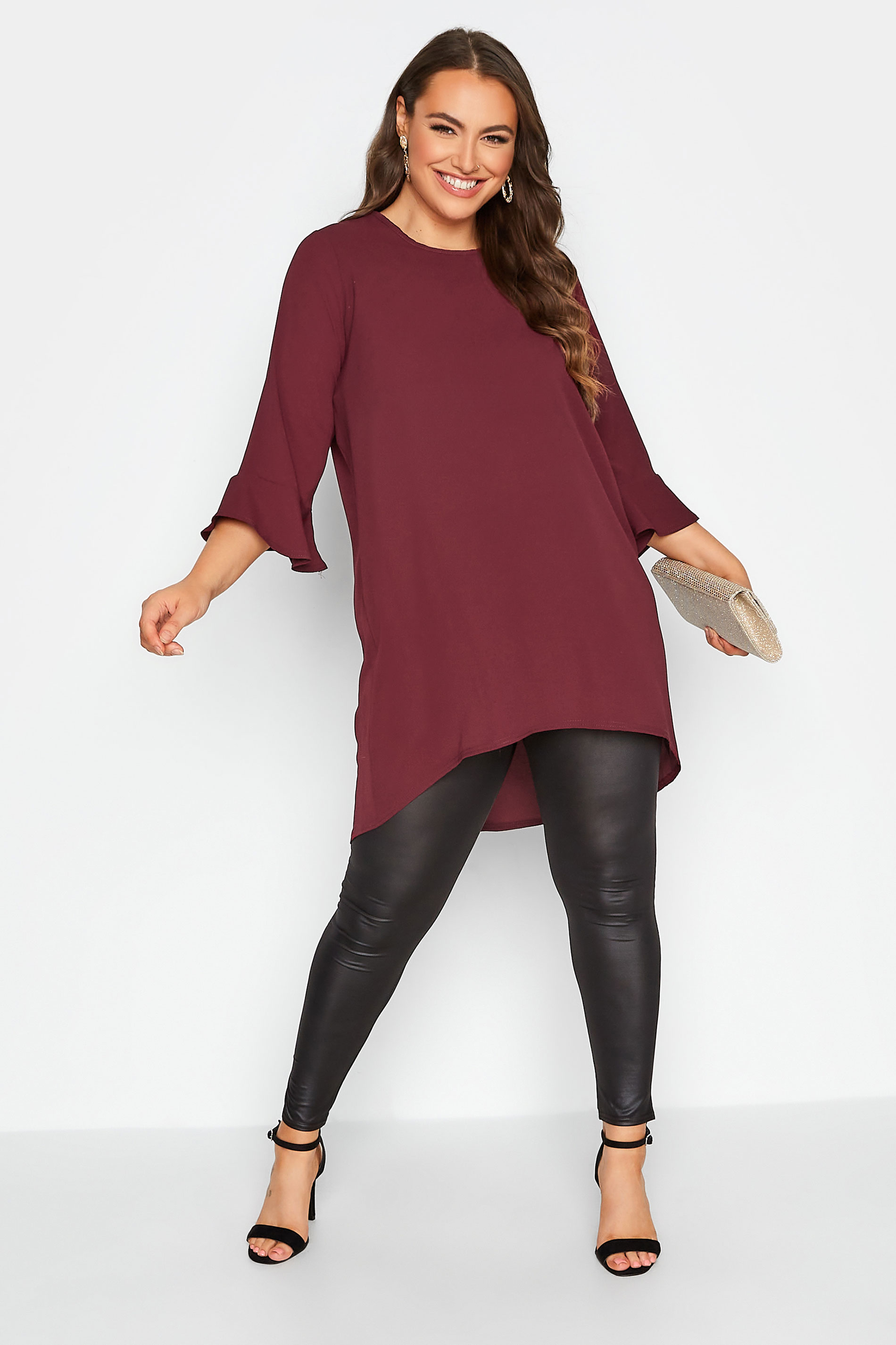YOURS LONDON Plus Size Burgundy Red Flute Sleeve Tunic Top | Yours Clothing 2