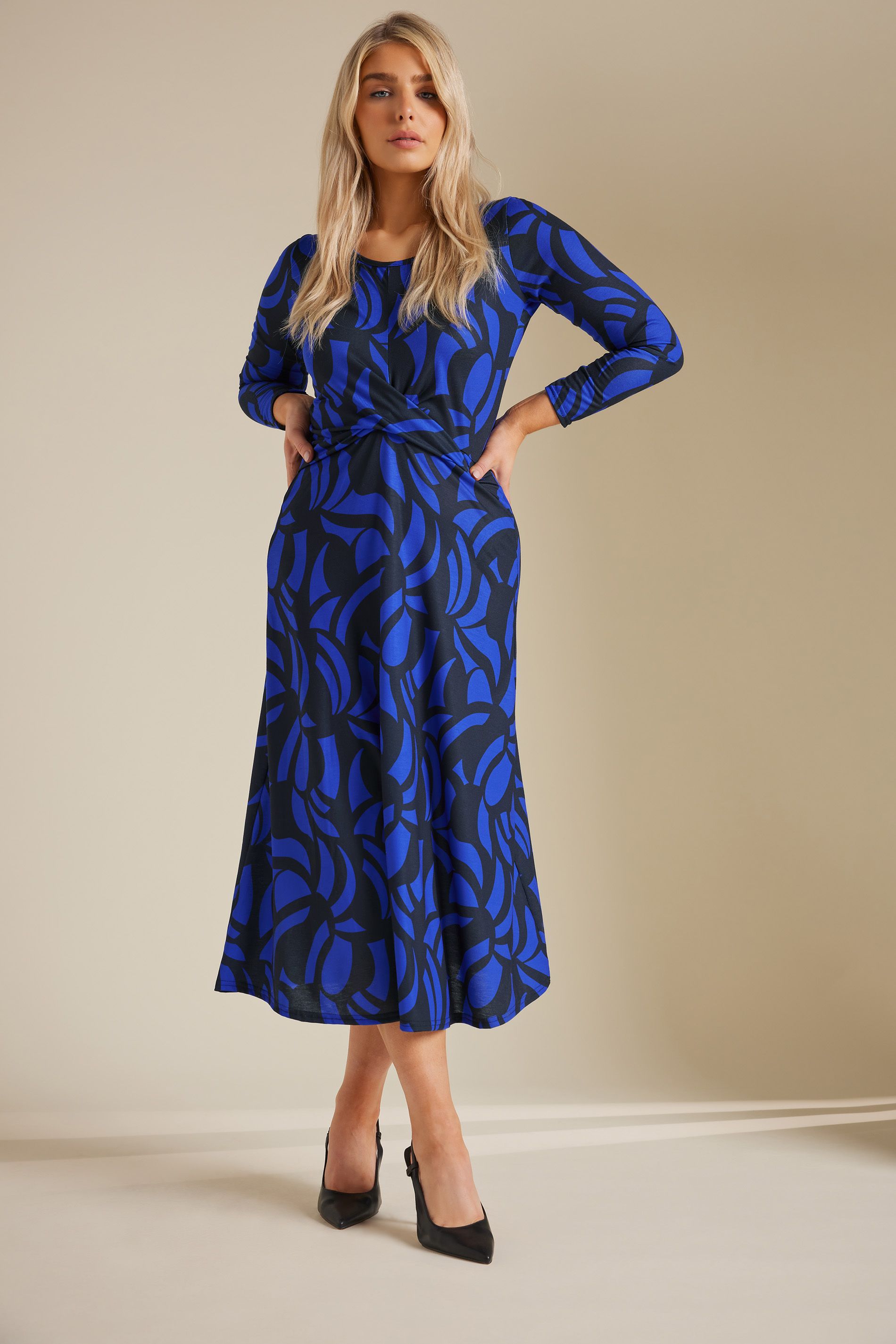 M&Co Black & Blue Geometric Print Twist Front Midaxi Dress | M&Co 1
