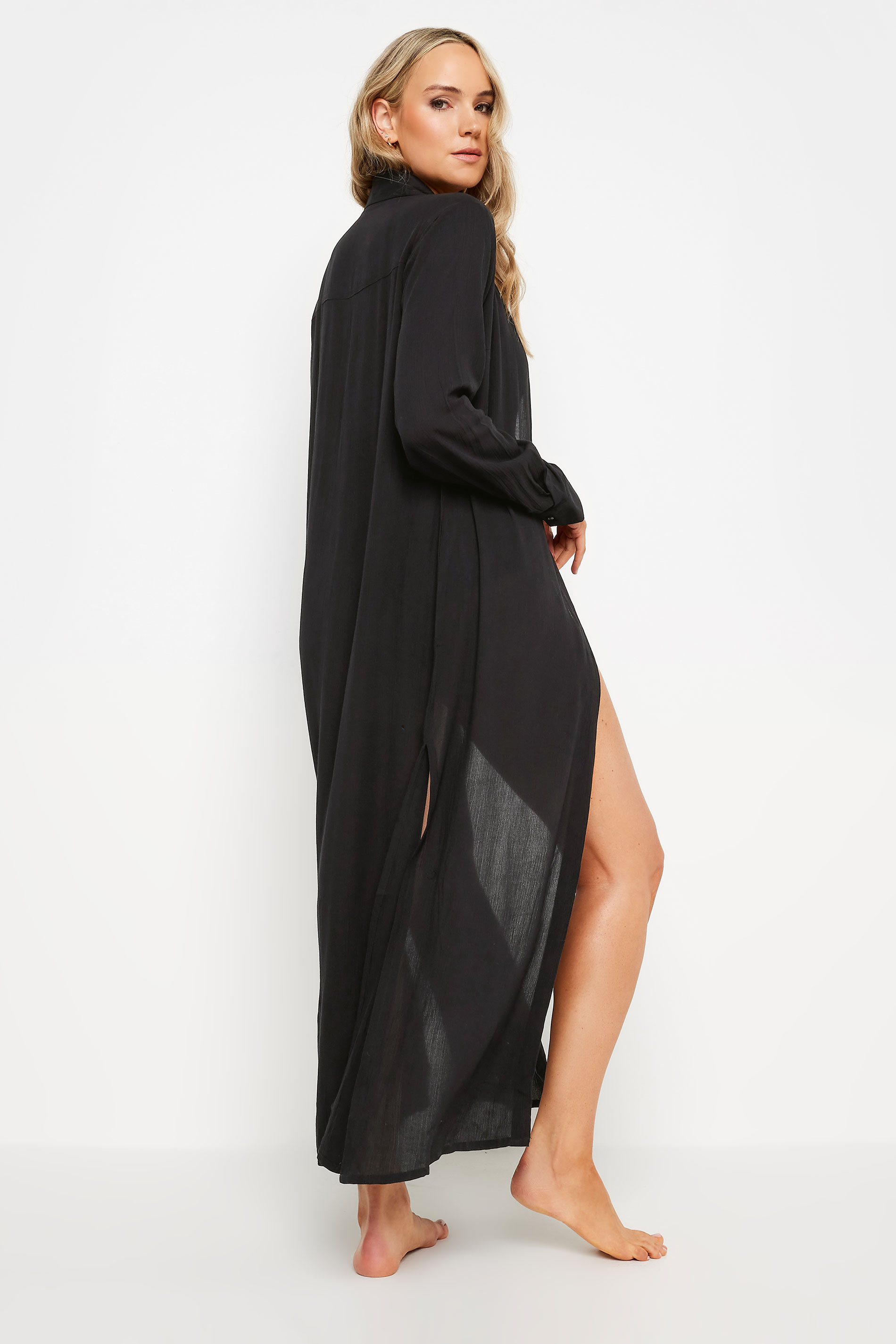 LTS Tall Women's Black Crinkle Longline Beach Shirt | Long Tall Sally 3