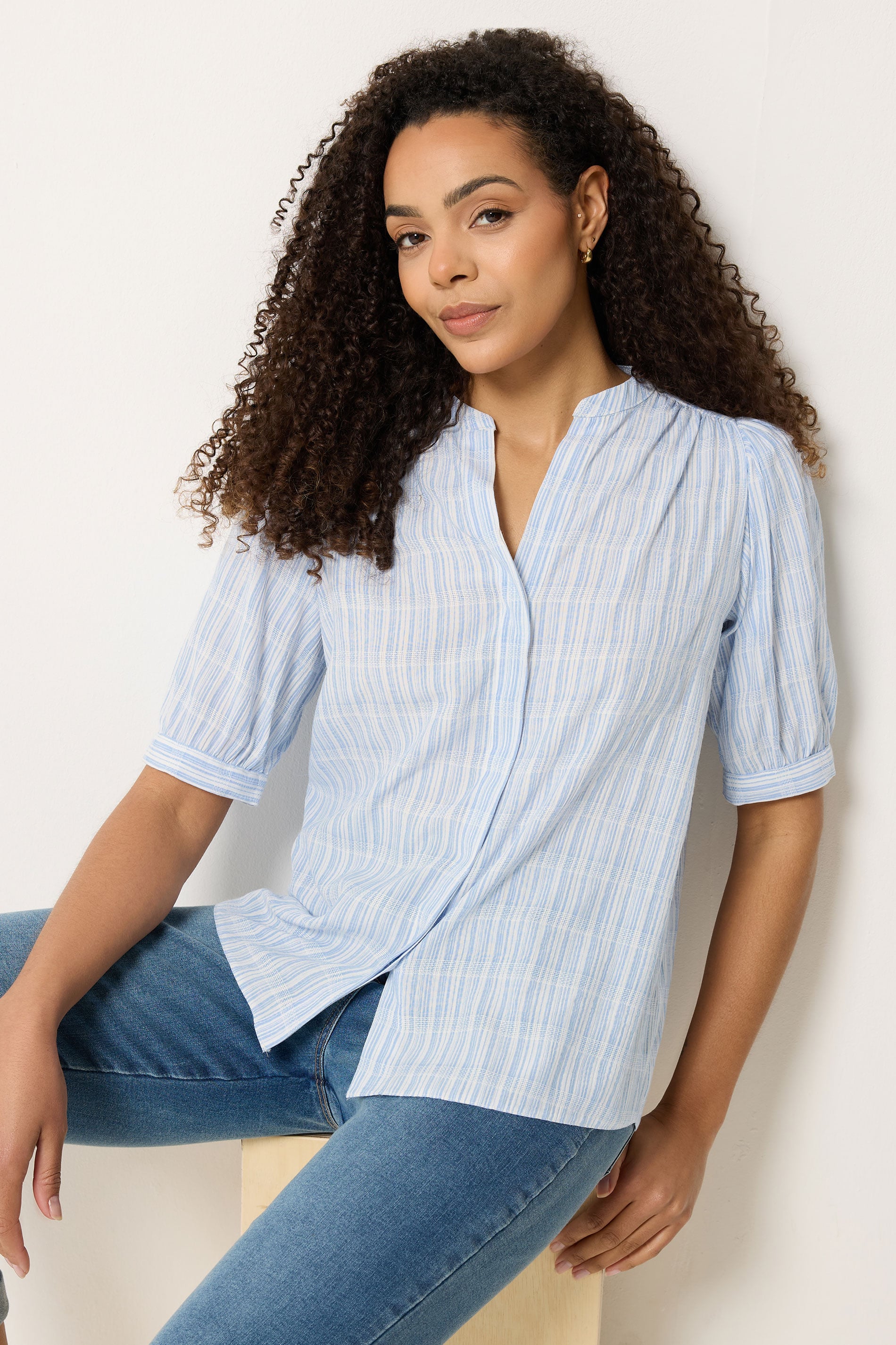 M&Co Blue Stripe Short Puff Sleeve Blouse | M&Co 3