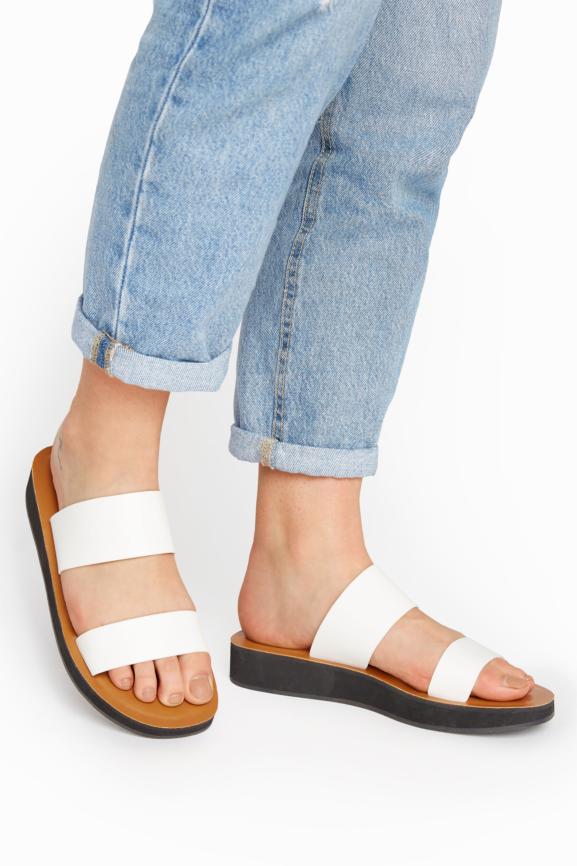 LTS White Two Strap Flat Sandals In Standard D Fit | Long Tall Sally 1