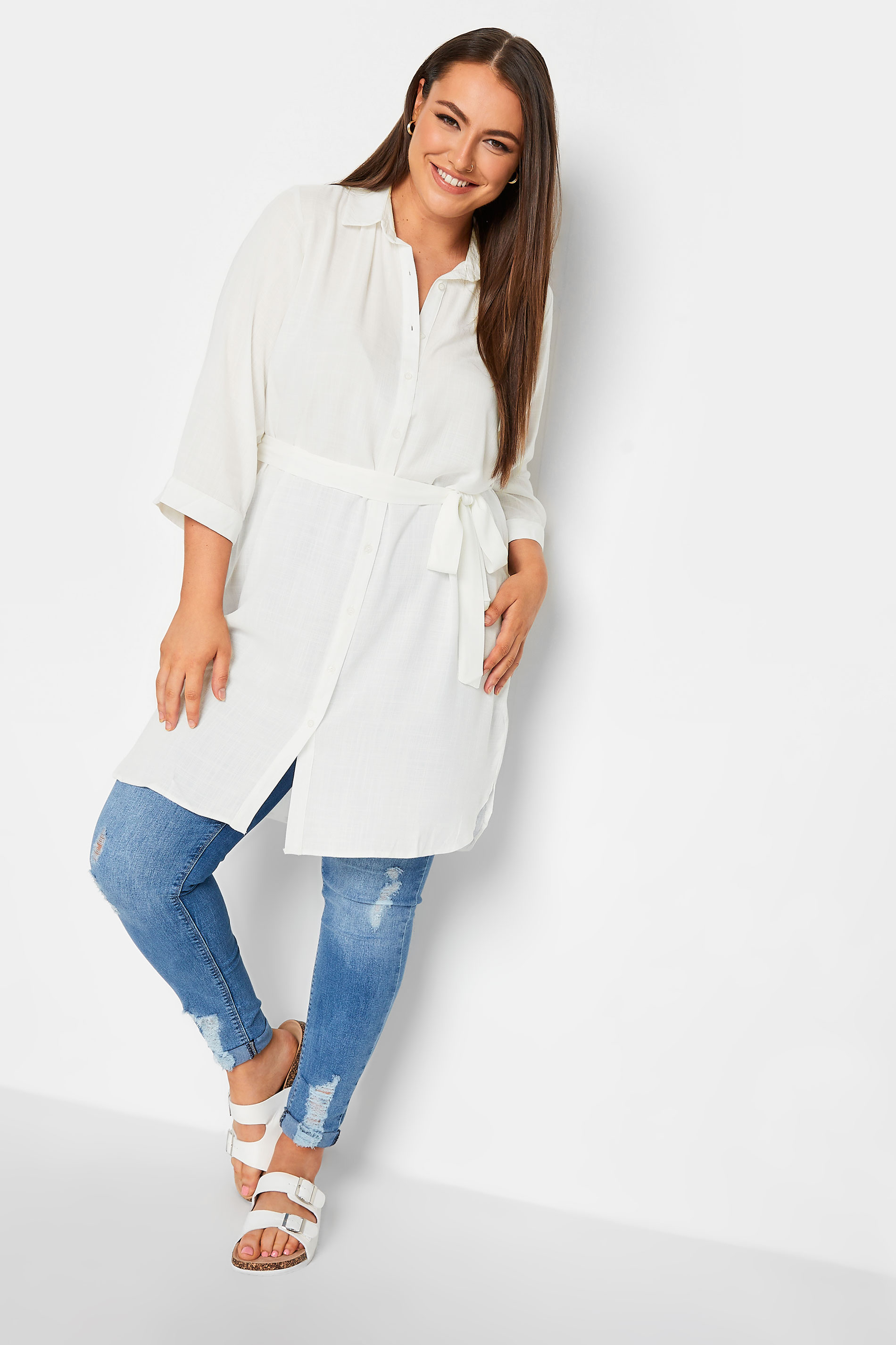 YOURS Plus Size White Tie Waist Tunic Shirt | Yours Clothing 2