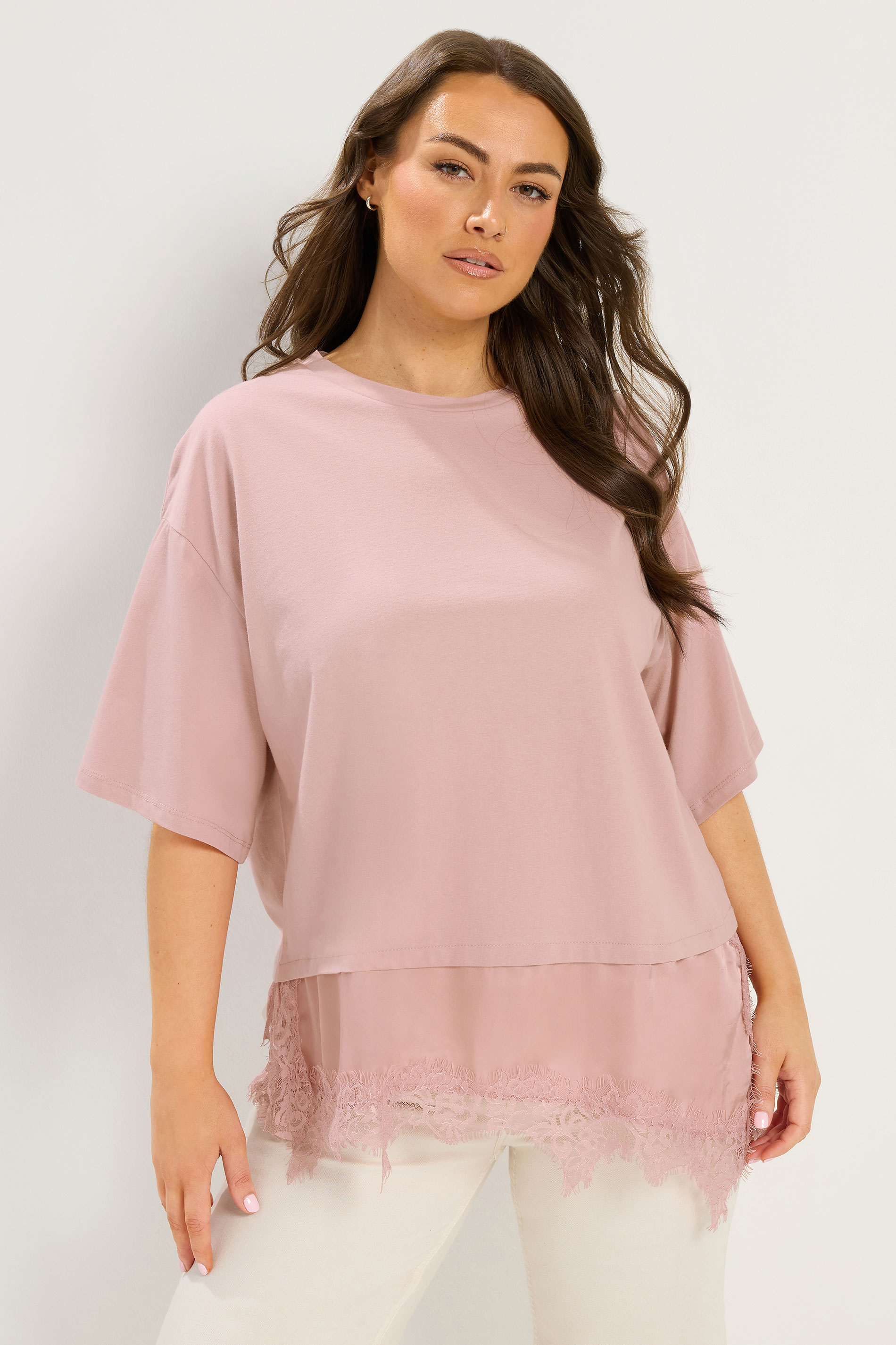 YOURS Plus Size Pink Satin Lace Trim T-Shirt | Yours Clothing 3