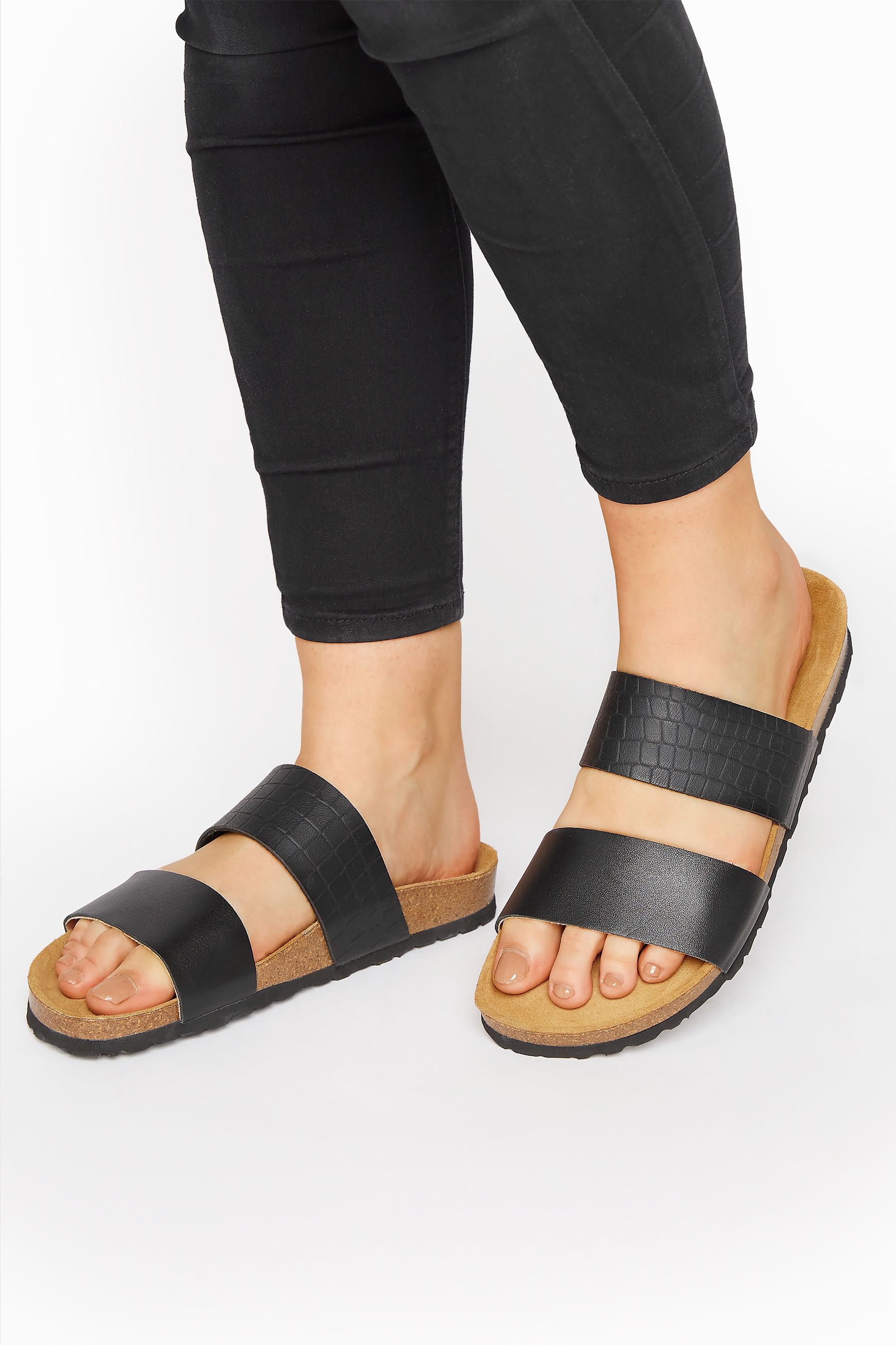 LTS Black Leather Two Strap Footbed Sandals In Standard D Fit | Long Tall Sally  1