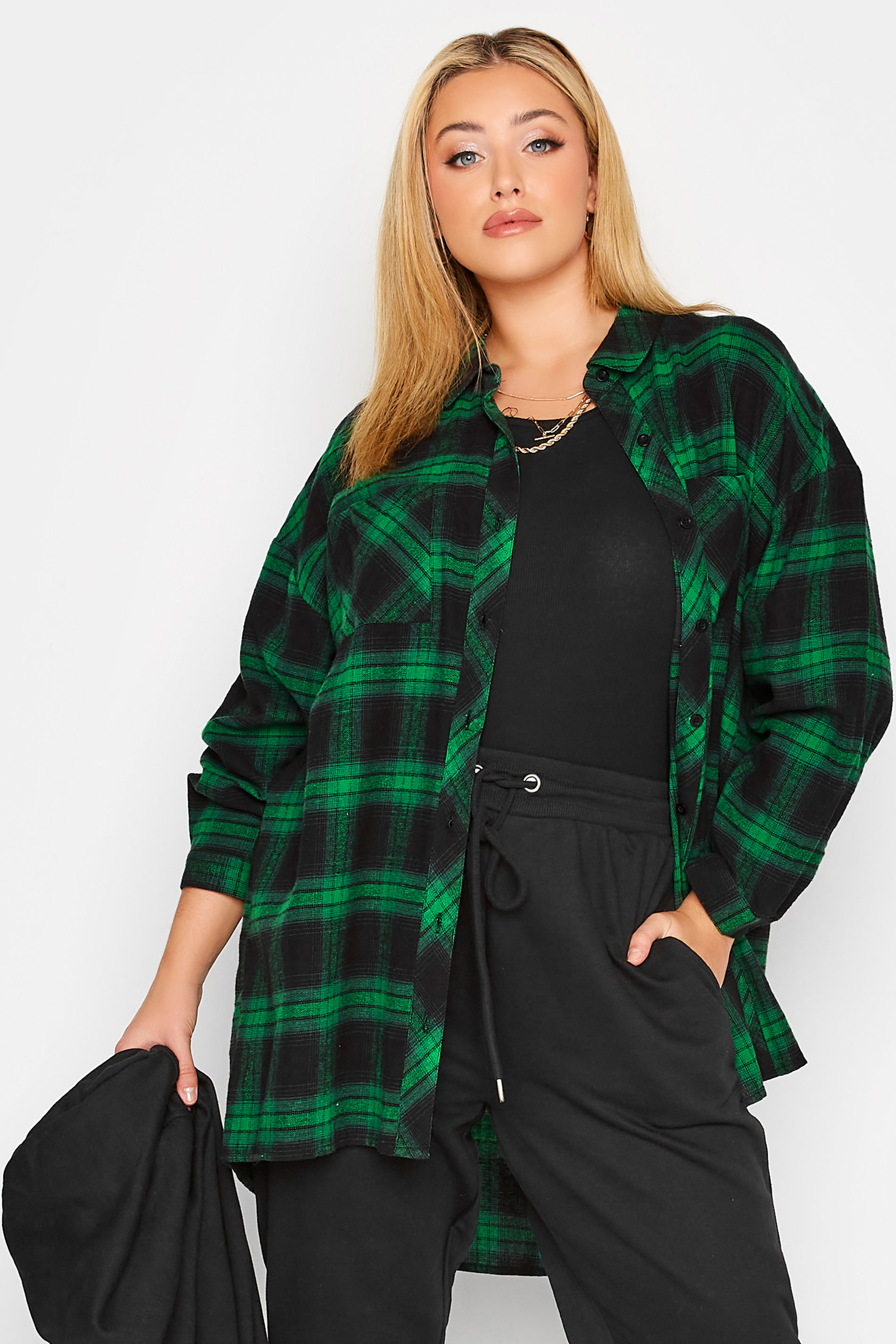 Plus Size Green & Black Check Brushed Boyfriend Shirt | Yours Clothing 1