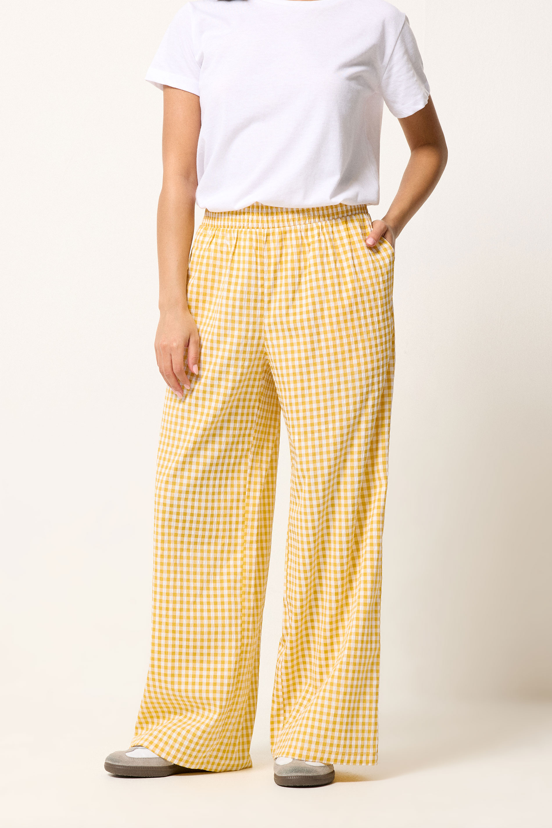 PixieGirl Petite Women's Yellow Gingham Wide Leg Trousers | PixieGirl 2
