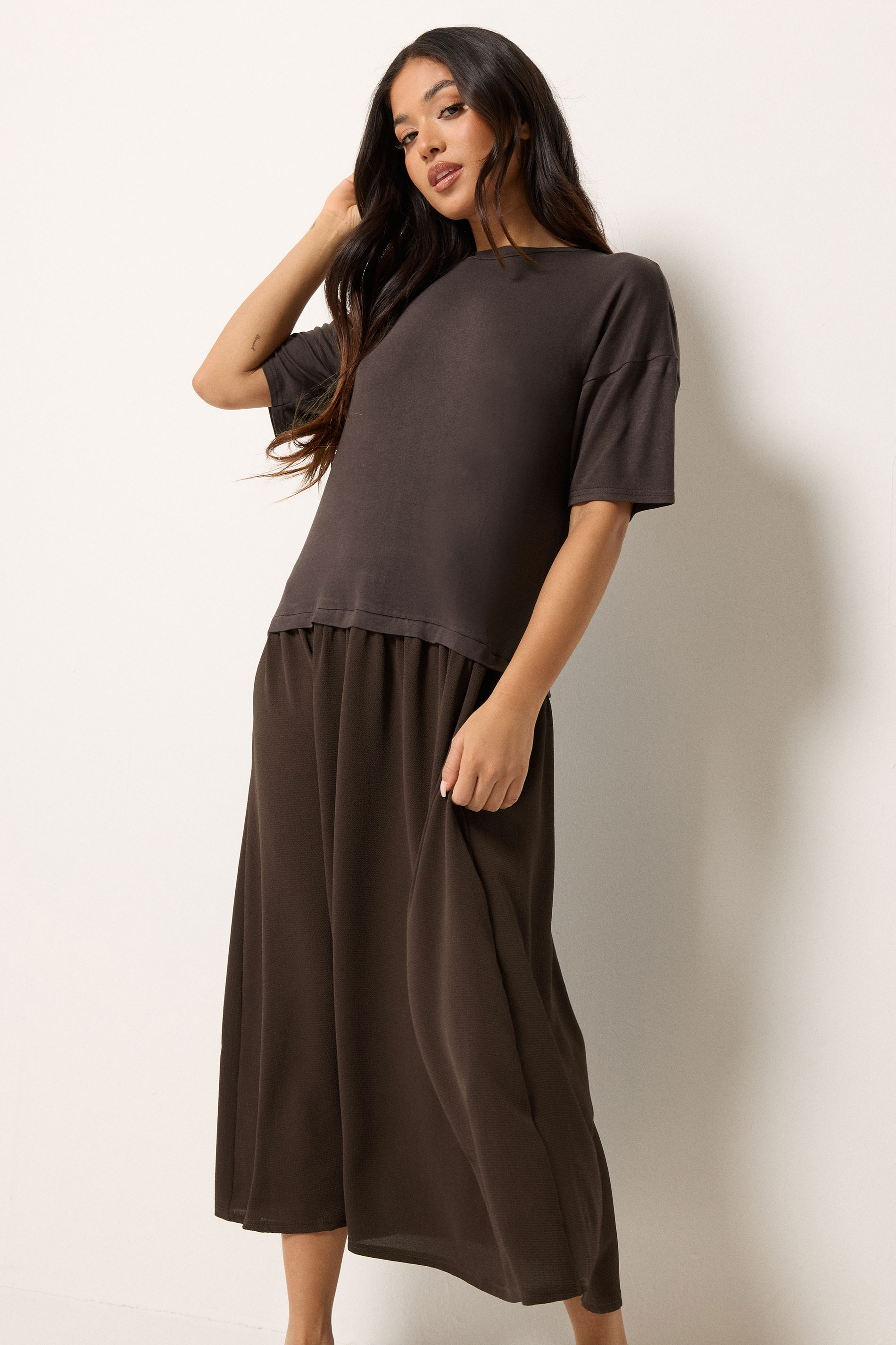 PixieGirl Petite Women's Chocolate Brown Drop Waist Maxi Dress | PixieGirl 3
