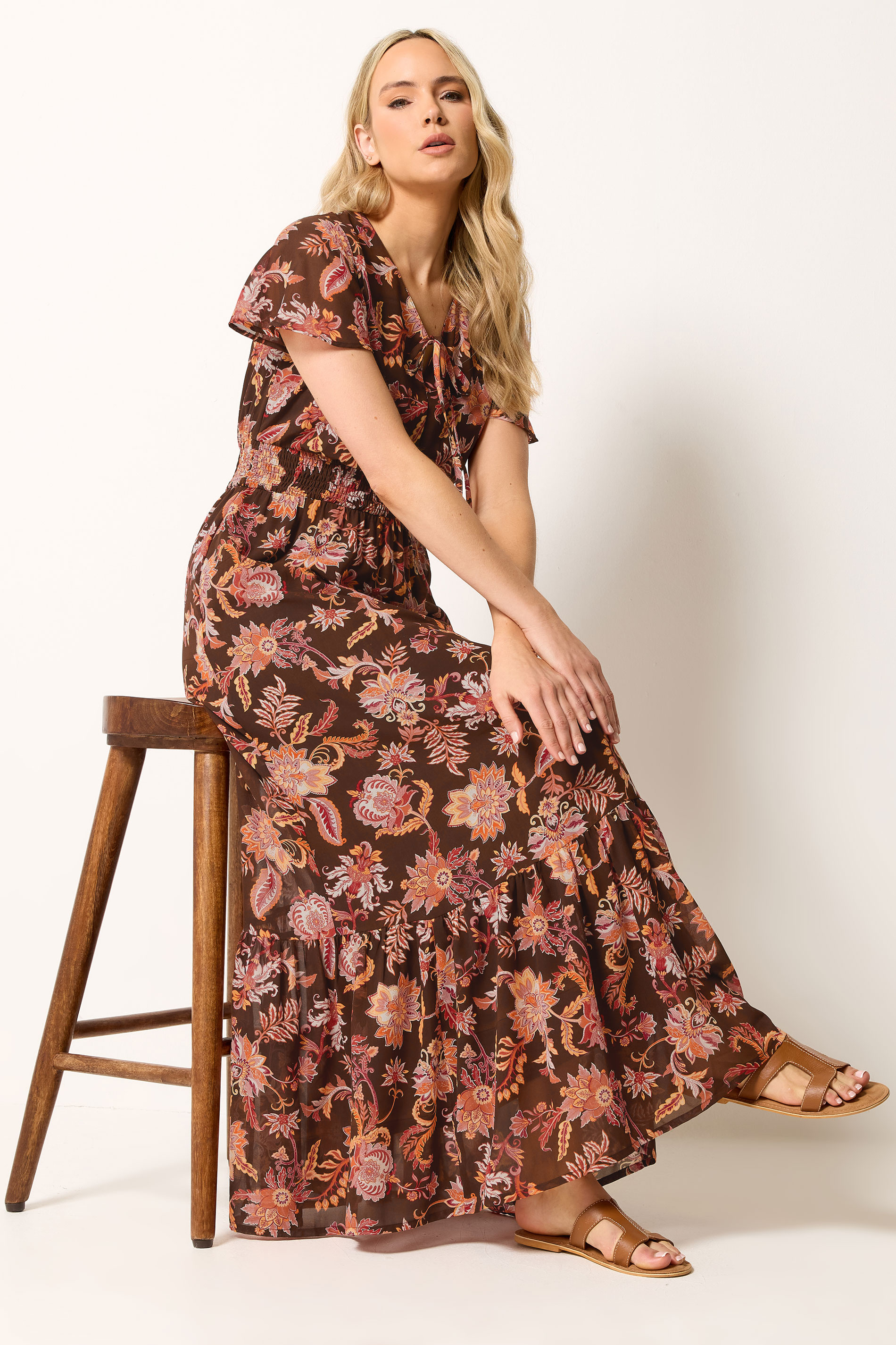 LTS Tall Women's Brown Floral Shirred Waist Maxi Dress | Long Tall Sally 1