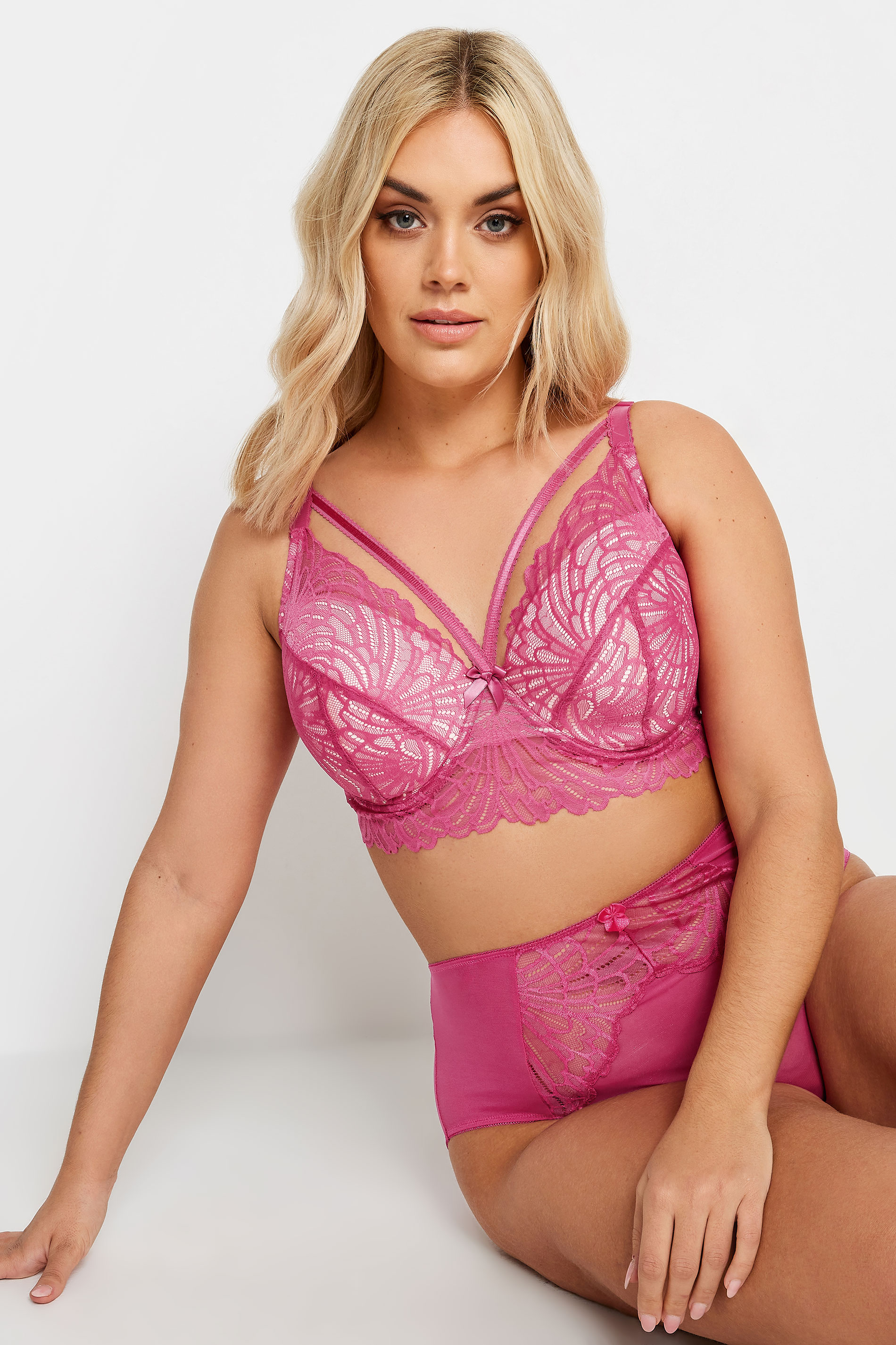 Plus Size Pink Lace Strap Detail Padded Underwired Longline Bra | Yours Clothing 3