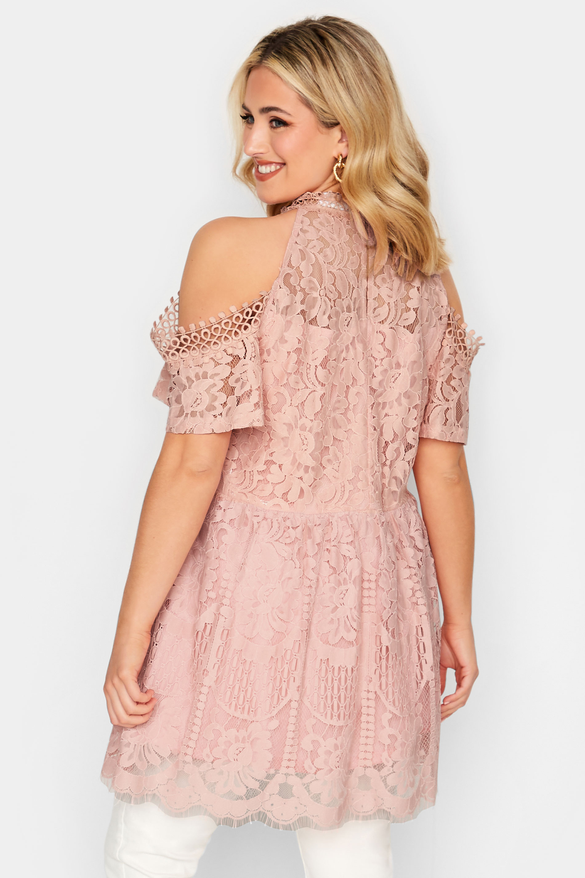 YOURS LONDON Plus Size Pink Cold Shoulder Lace Top | Yours Clothing 3