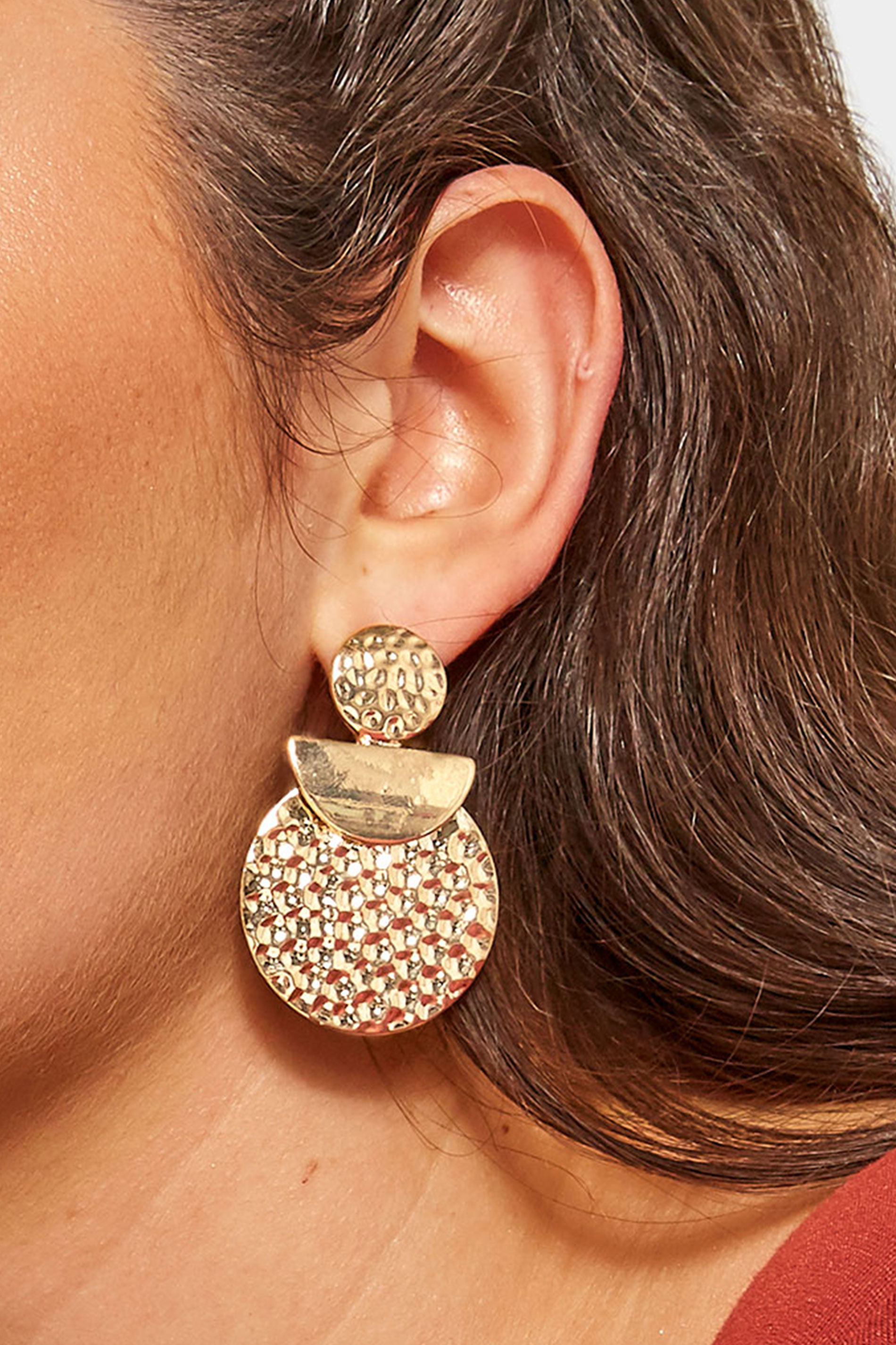 Gold Textured Disc Earrings | Yours Clothing 1