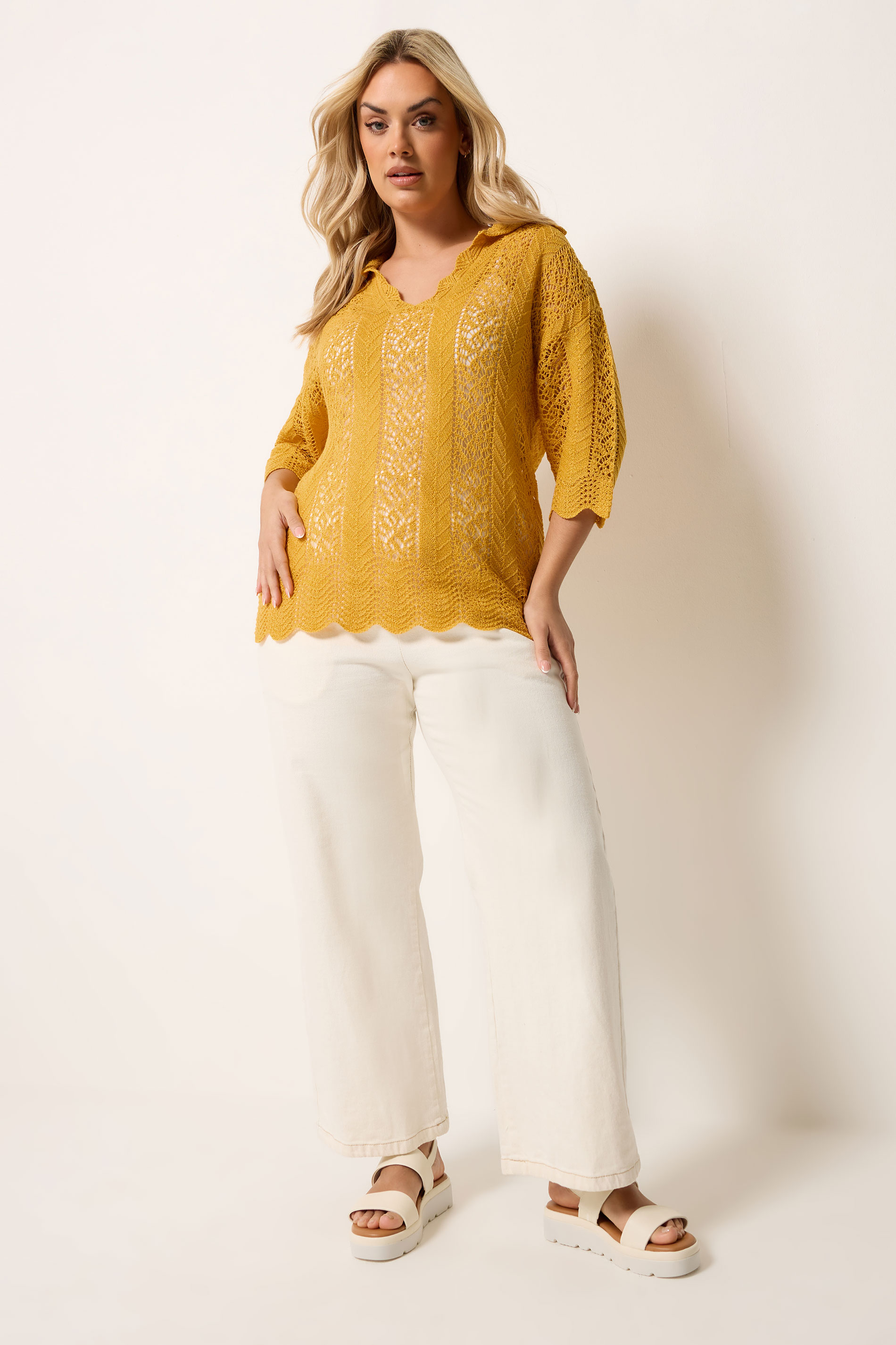 YOURS Plus Size Mustard Yellow Pointelle Knitted T-Shirt | Yours Clothing 1