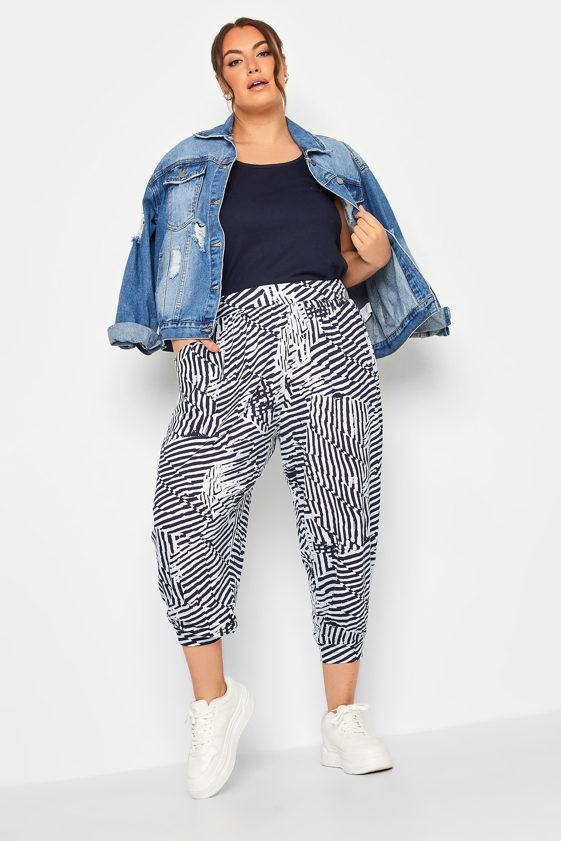 YOURS Curve Navy Blue Sketch Print Crop Harem Trousers | Yours Clothing  2