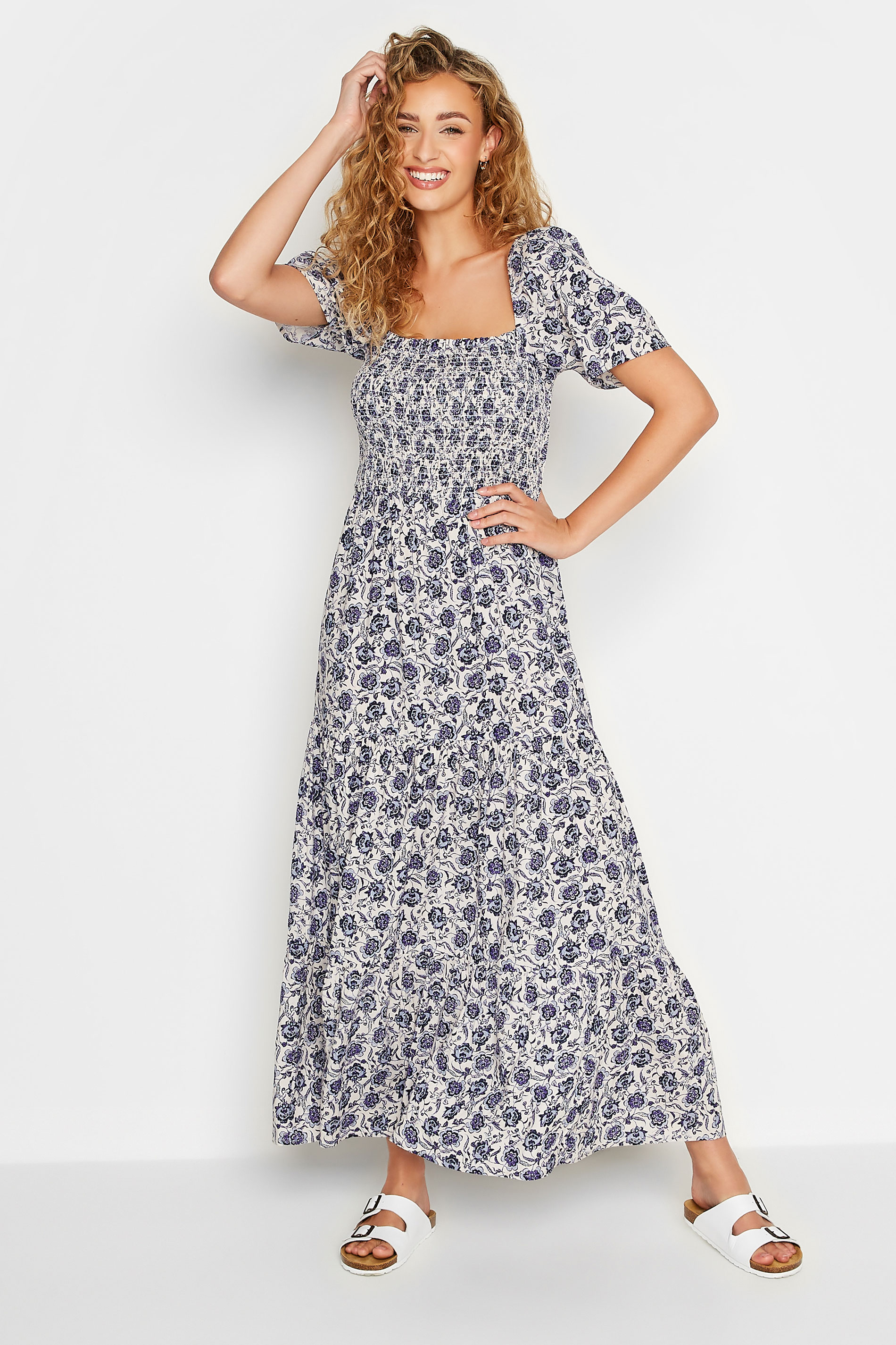 LTS Tall Blue Floral Print Shirred Maxi Dress 1