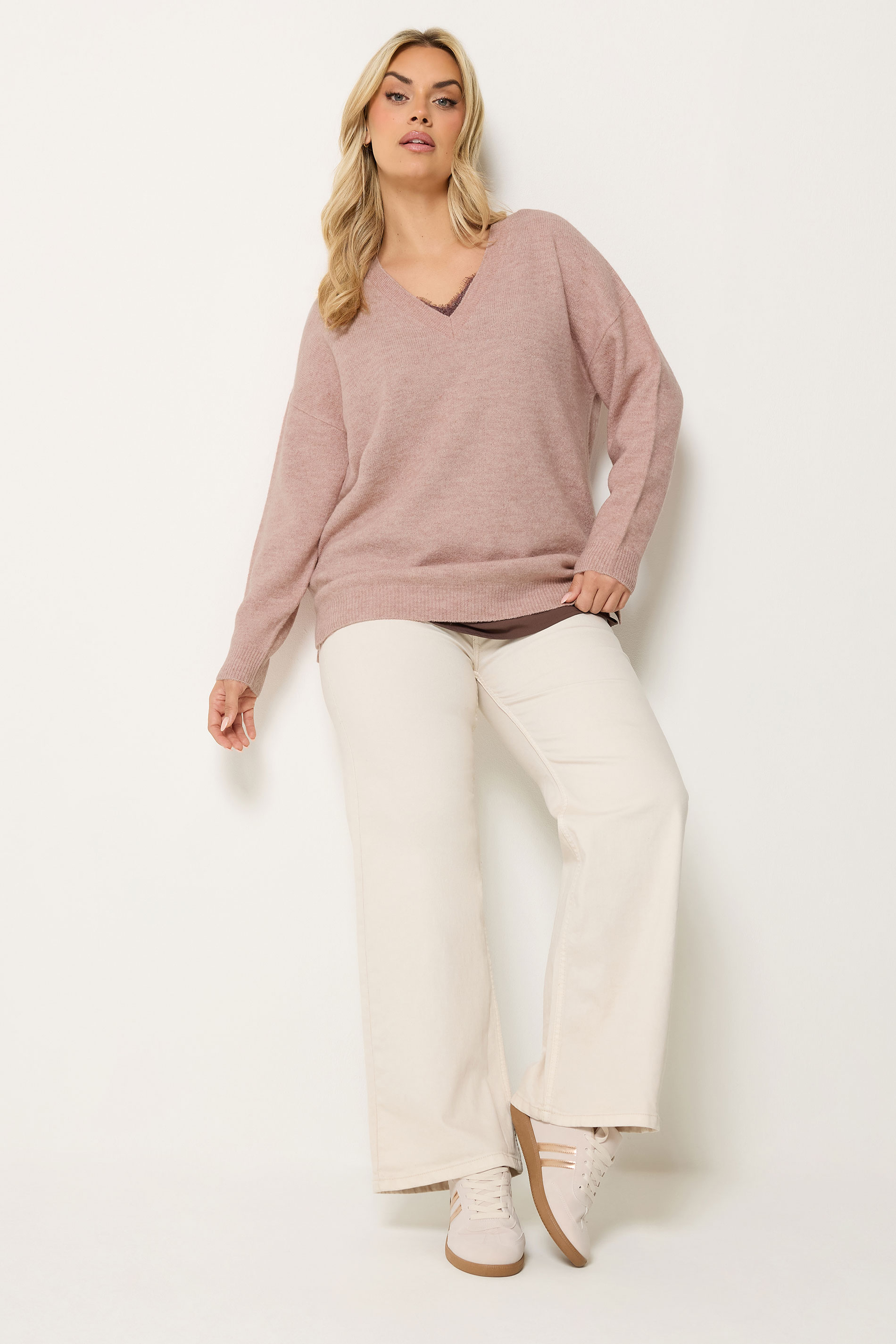 YOURS Plus Size Pink V-Neck Soft Touch Jumper | Yours Clothing 2