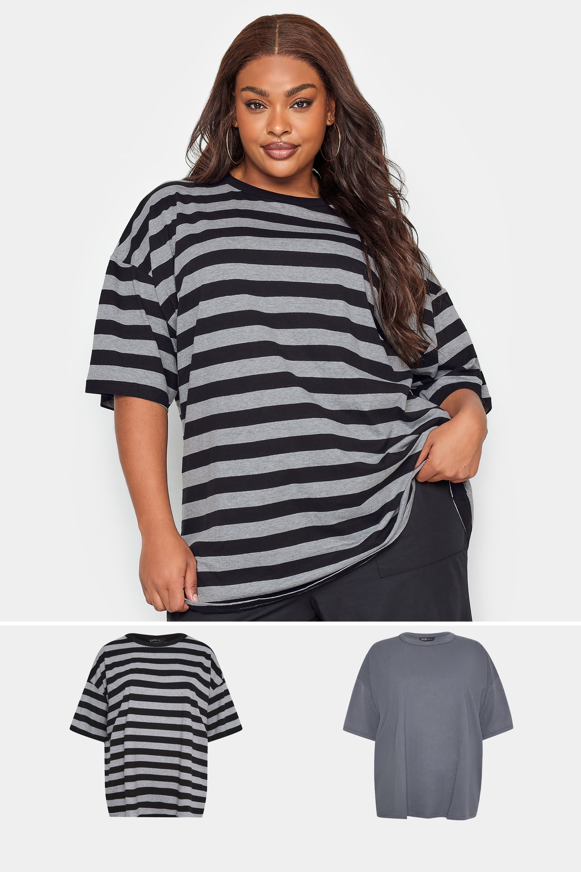 YOURS Plus Size 2 PACK Grey & Grey Stripe Oversized Boxy T-Shirt | Yours Clothing 1