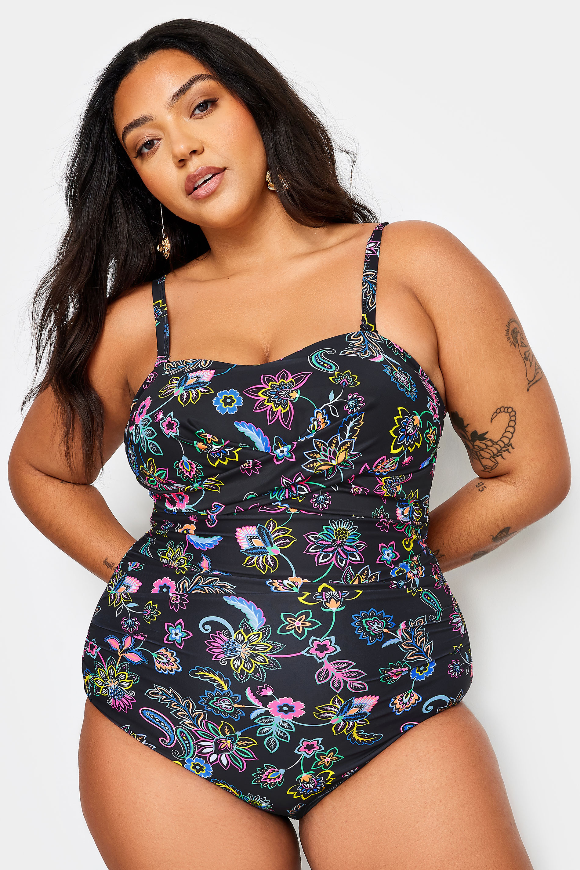 YOURS Plus Size Black Floral Paisley Print Tummy Control Swimsuit | Yours Clothing 2