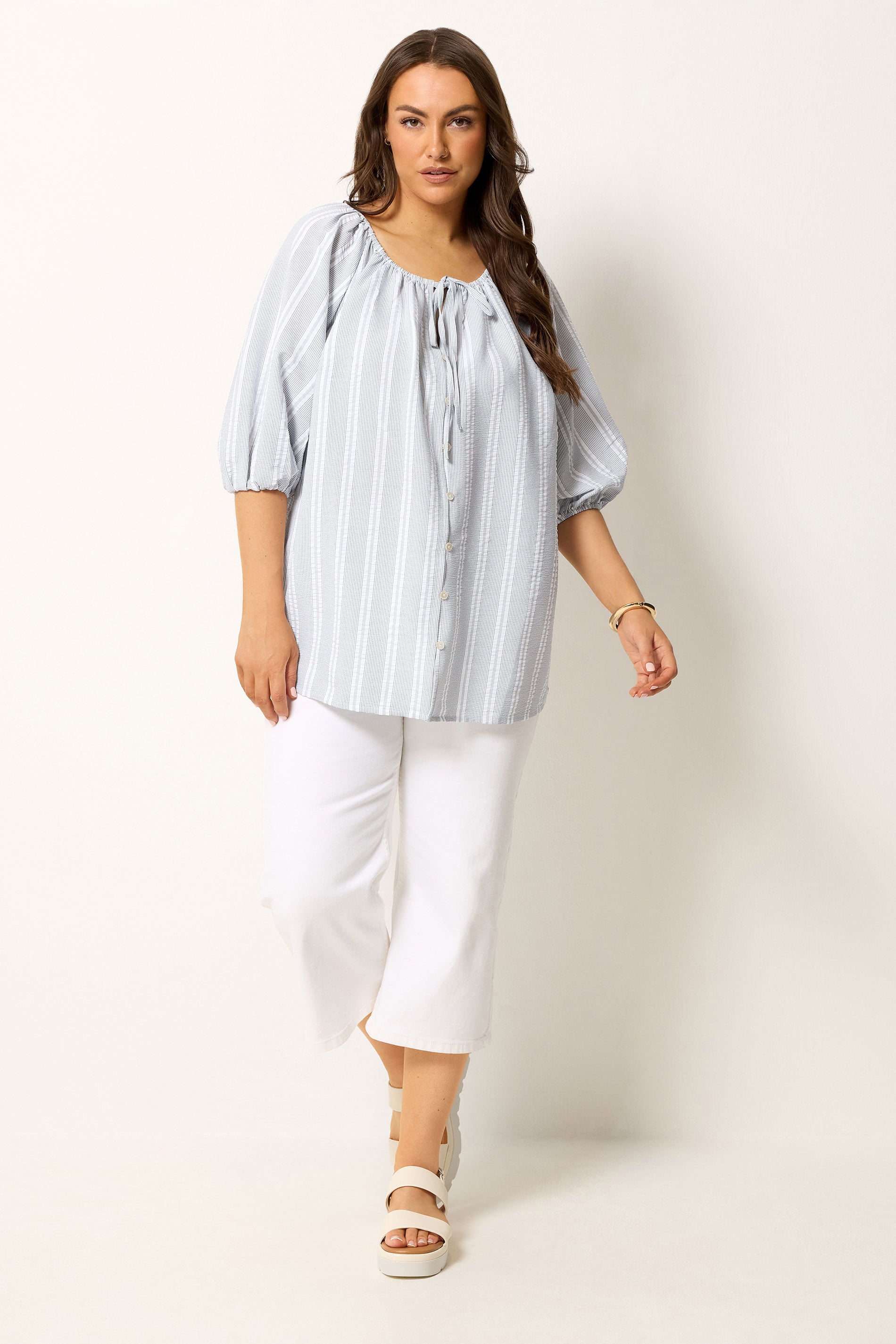YOURS Plus Size Grey Stripe Tie Neck Top | Yours Clothing 1