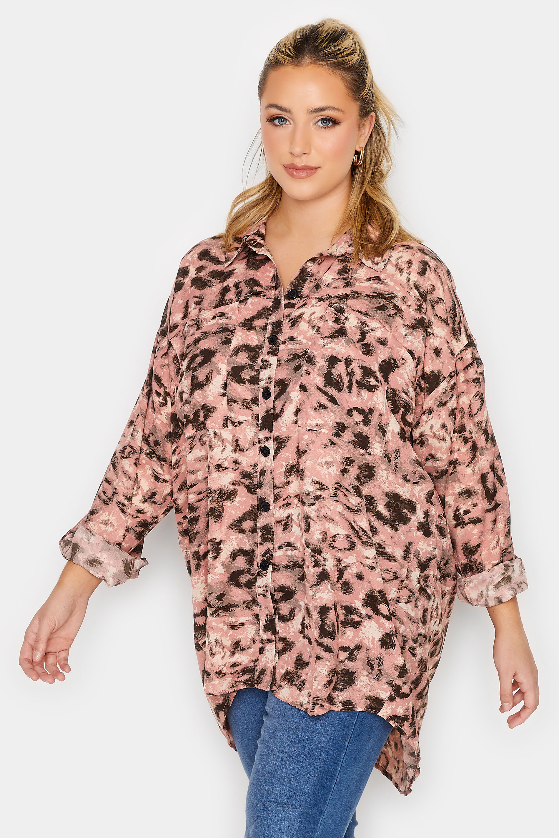 LIMITED COLLECTION Plus Size Pink Leopard Print Utility Pocket Shirt | Yours Clothing 1