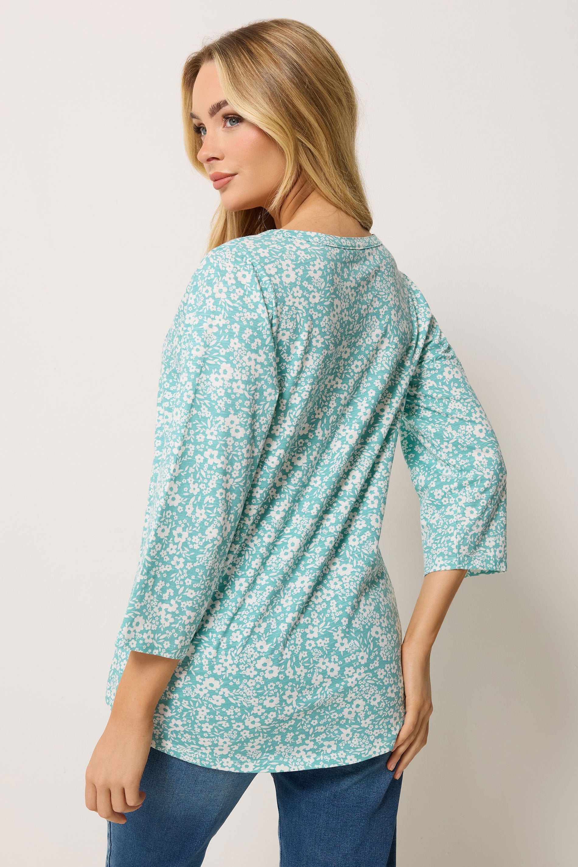 M&Co Green Floral Cotton Henley Top | M&Co 2