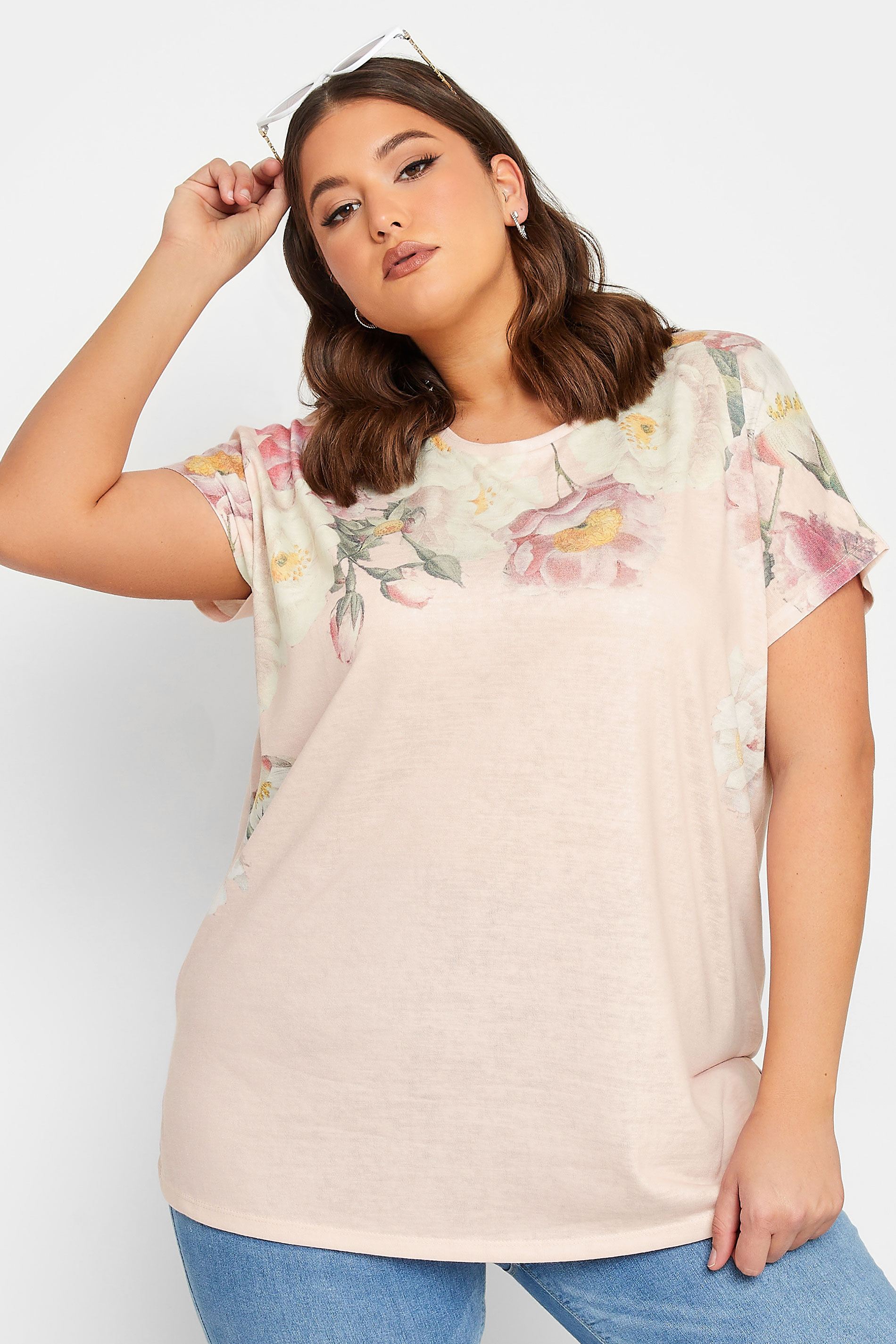 YOURS Curve Plus Size Light Pink Floral T-Shirt | Yours Clothing  1