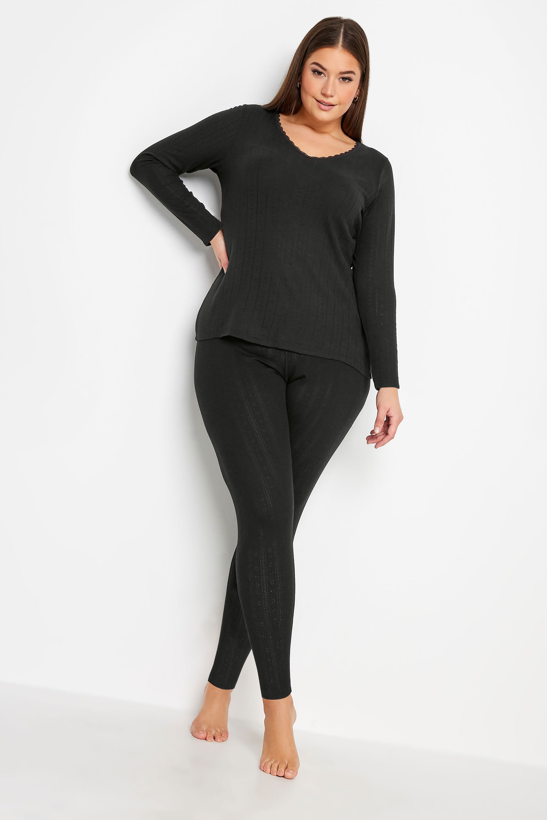 YOURS Plus Size Black Pointelle Thermal Long Sleeve Top | Yours Clothing 2