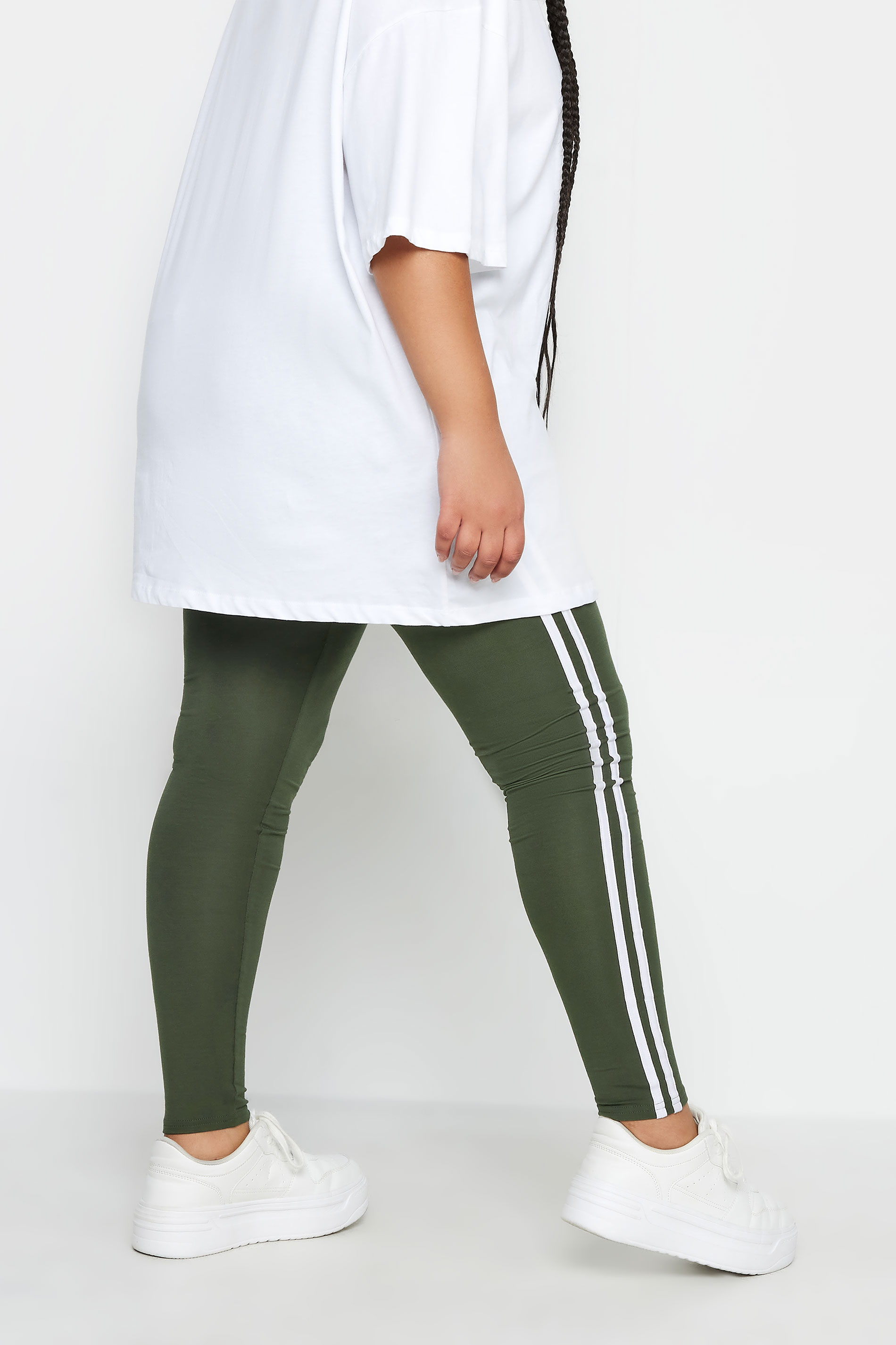 YOURS Plus Size Khaki Green Side Stripe Leggings | Yours Clothing 3