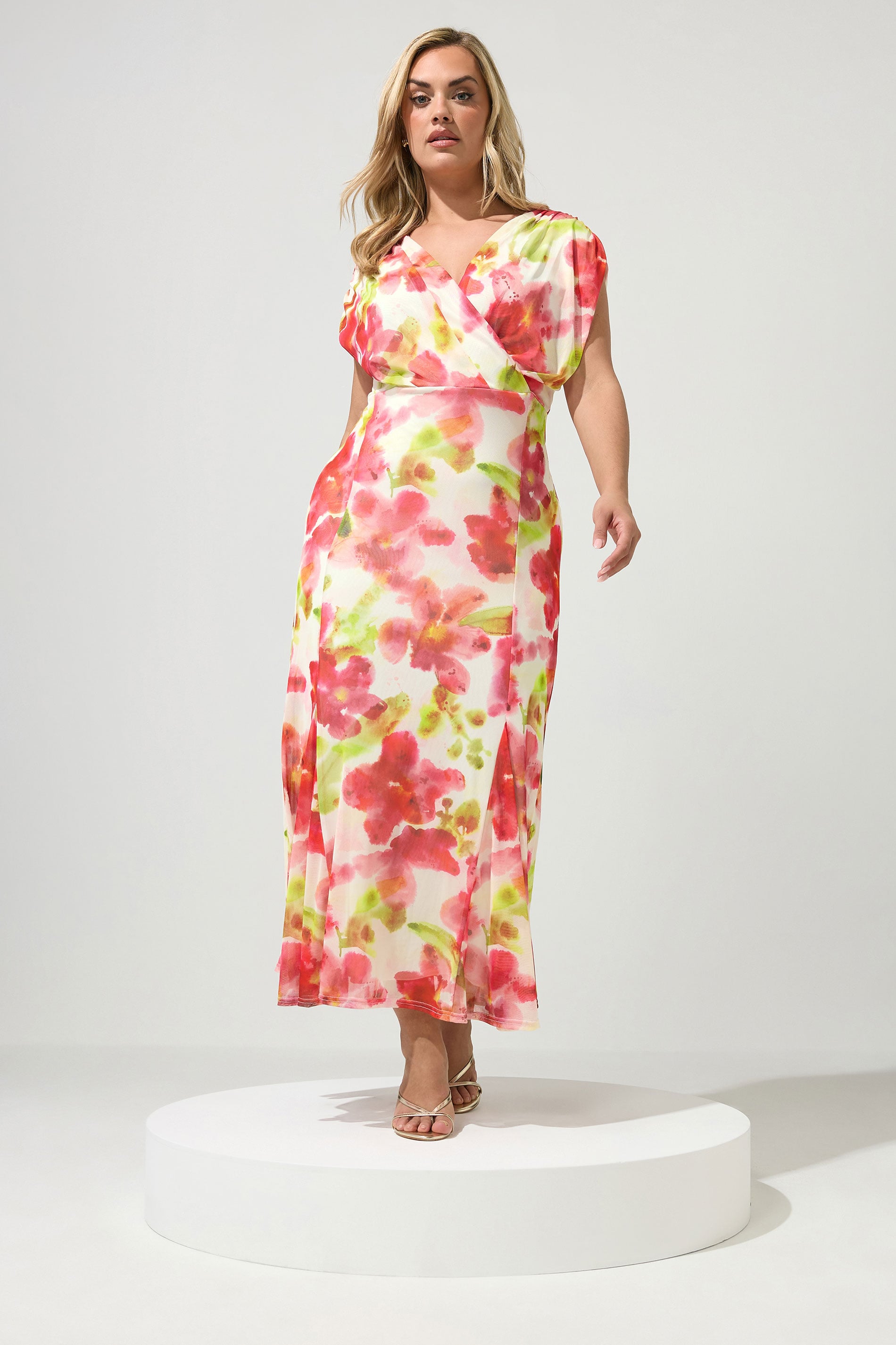 YOURS LONDON Plus Size White Floral Mesh Godet Hem Wrap Dress | Yours Clothing 3