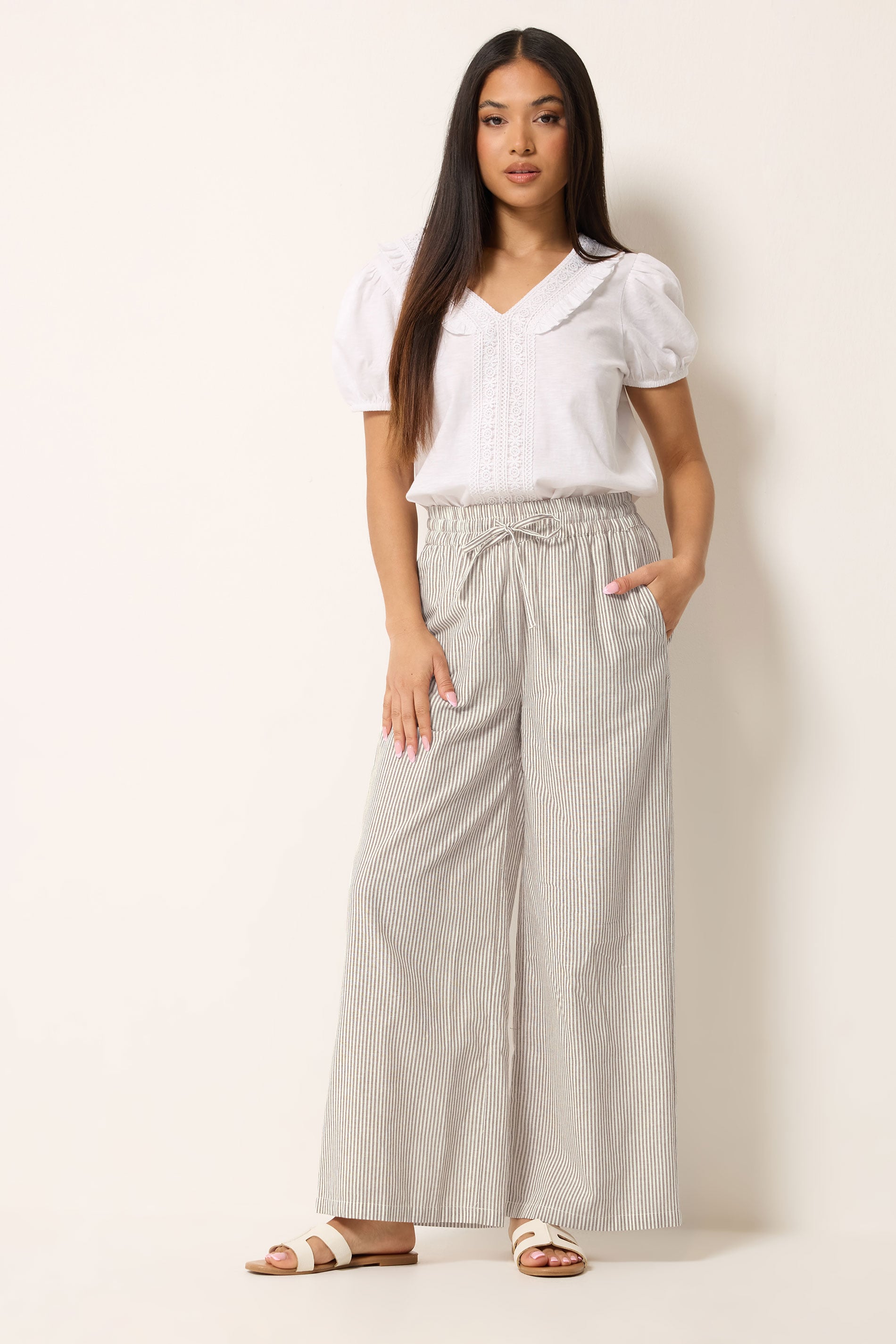M&Co Natural Brown Stripe Wide Leg Cotton Trousers | M&Co  3