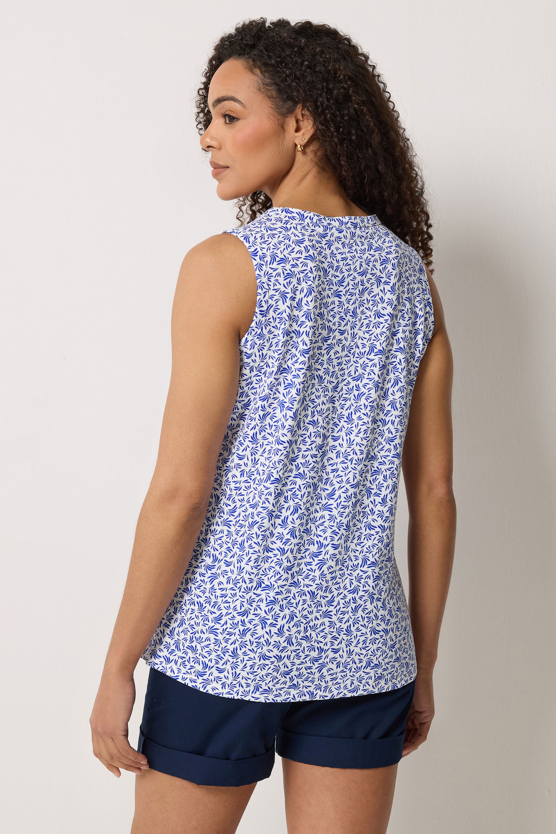 M&Co White & Blue Leaf Print Cotton Sleeveless Henley Top  2