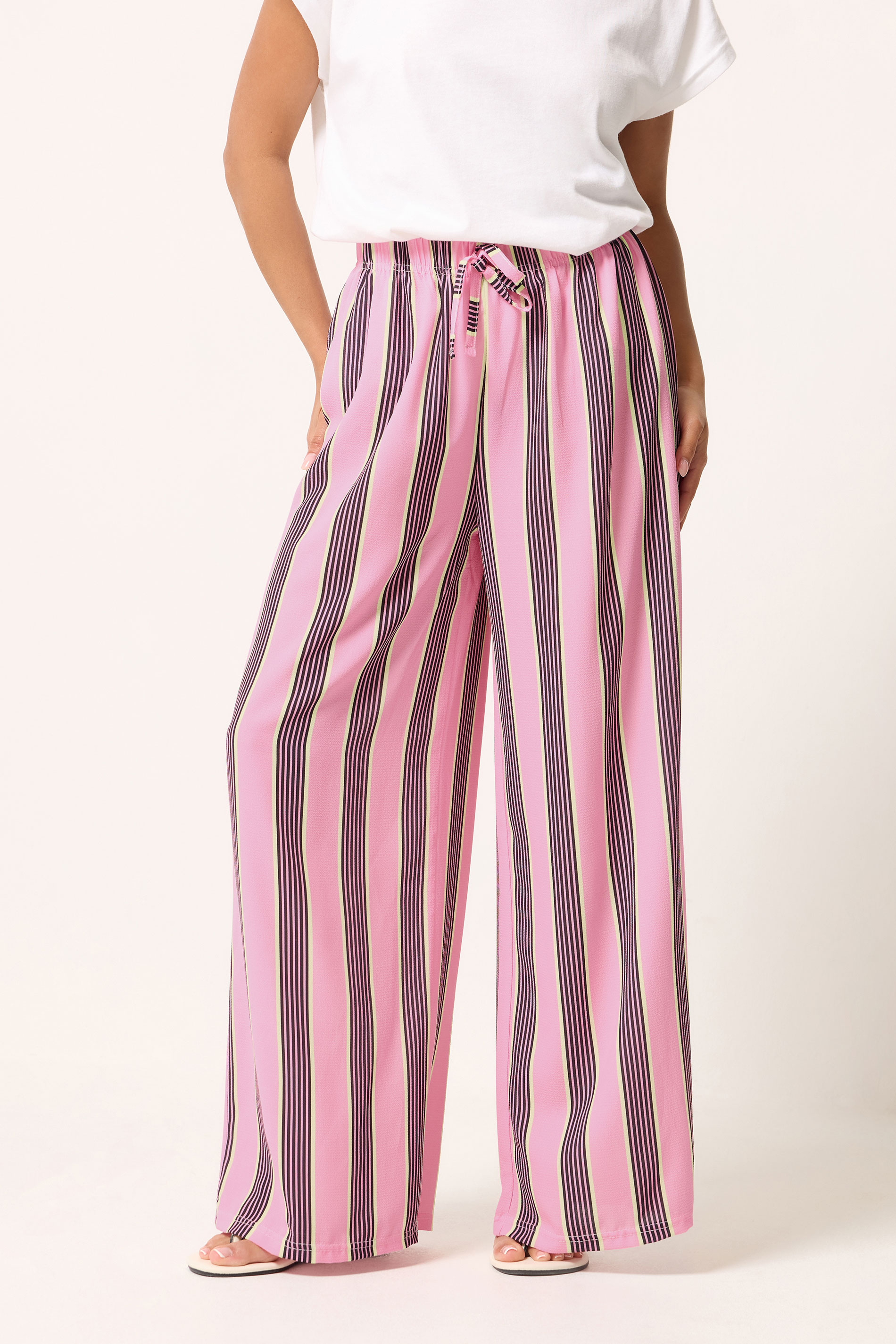PixieGirl Petite Pink Striped Wide Leg Trousers | PixieGirl 1