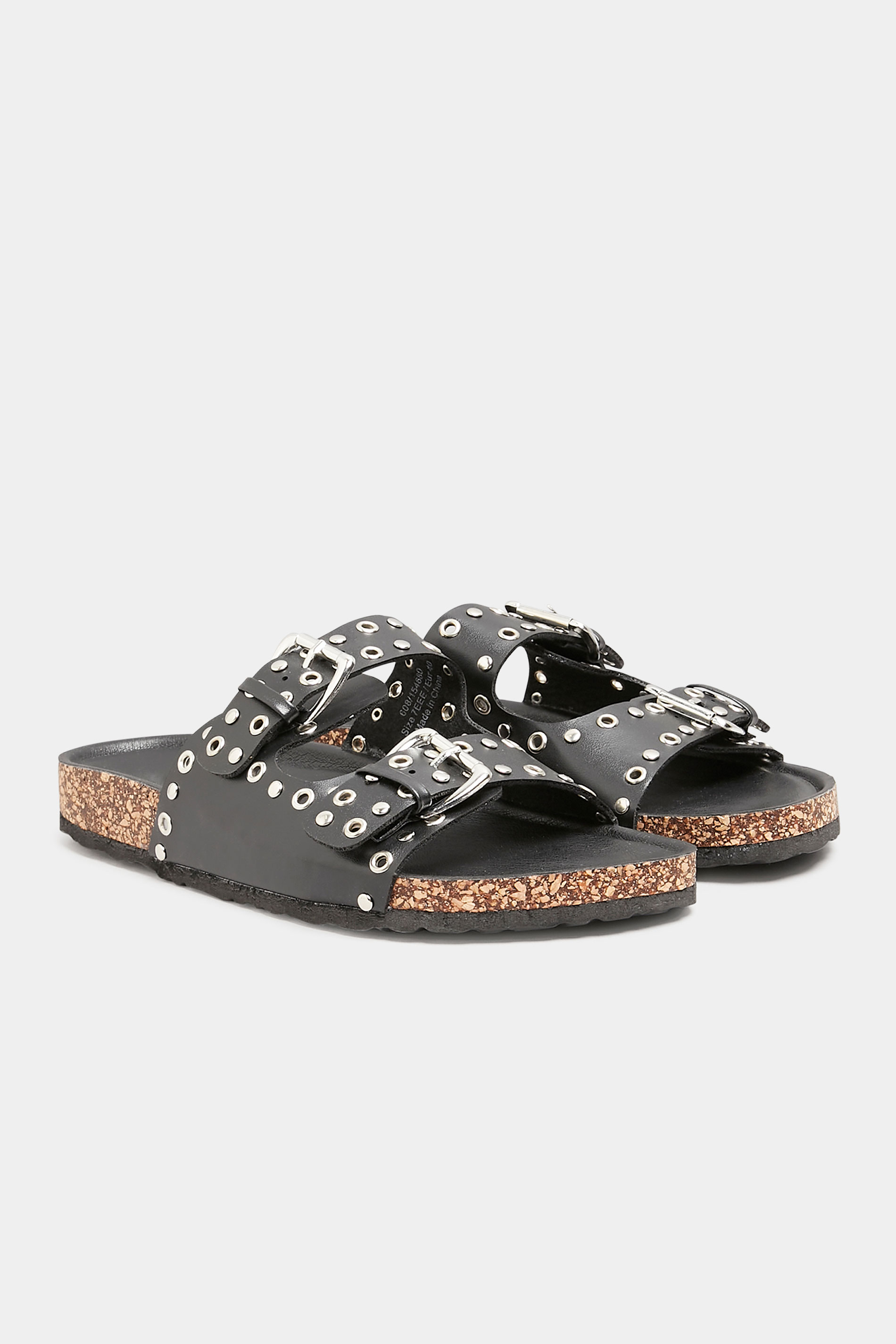 Womens Shoes Flats | LTS Black Studded Buckle Strap Sandals In Standard D Fit - QP94726