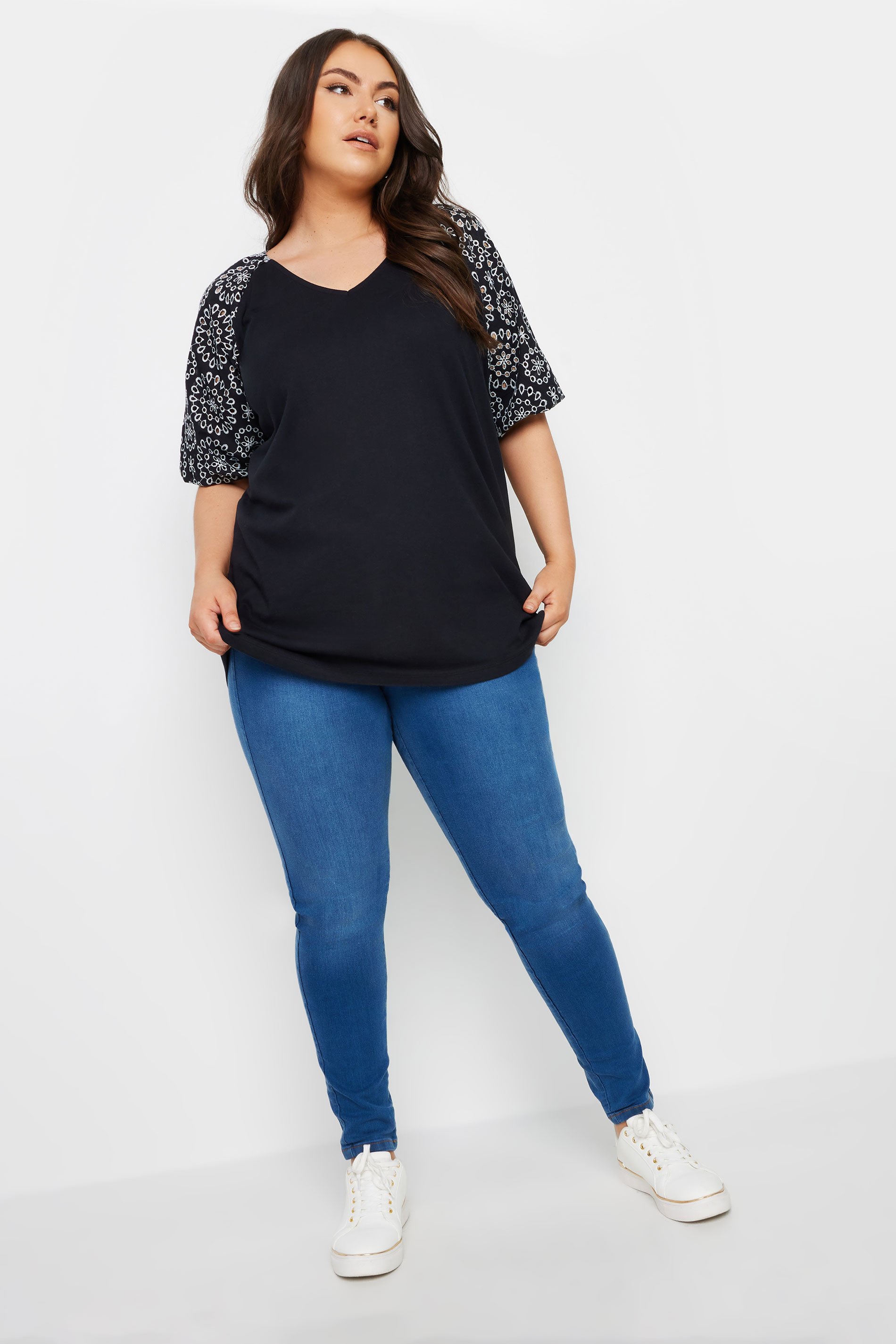 YOURS Plus Size Black Broderie Anglaise Sleeve T-Shirt | Yours Clothing